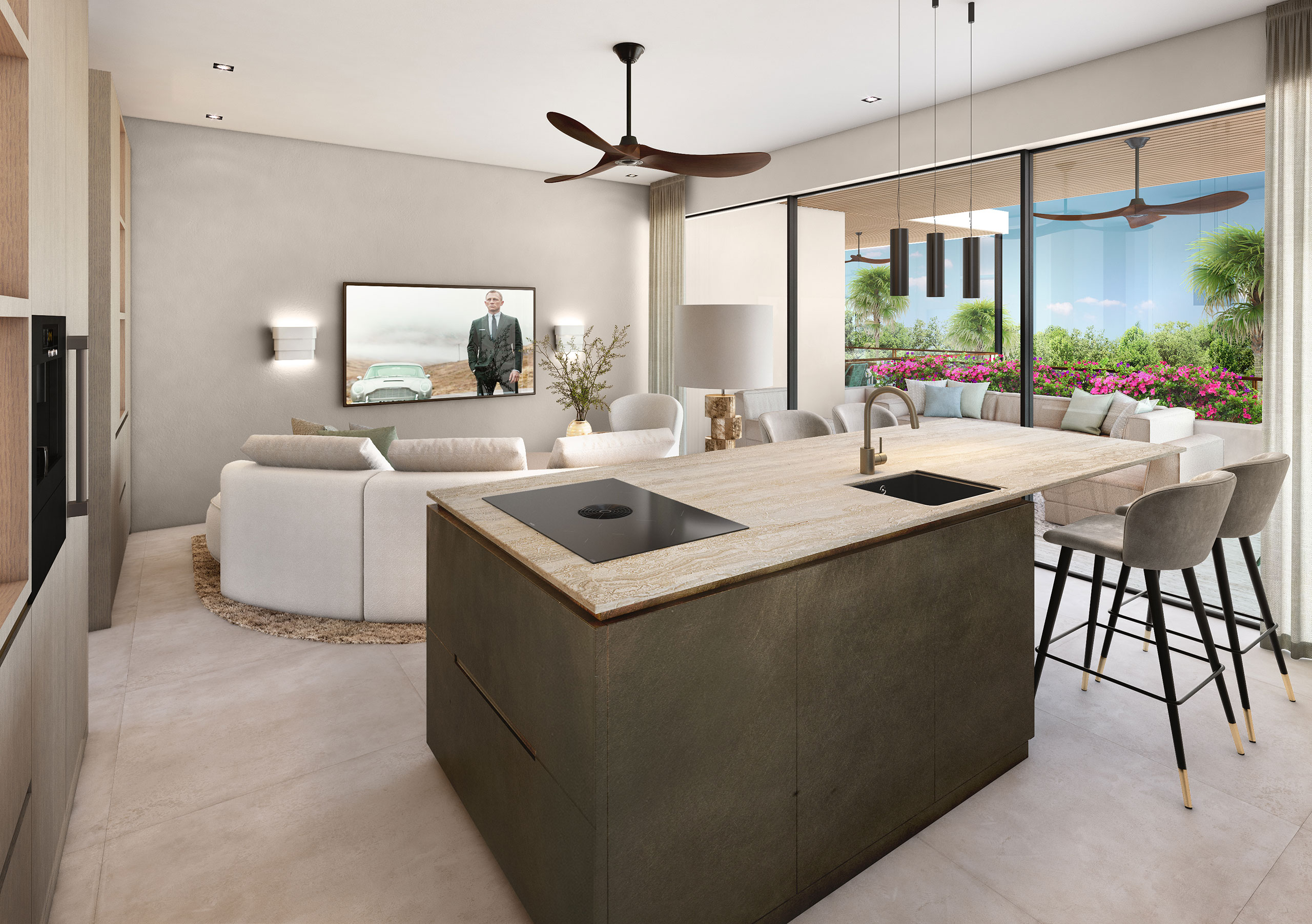 3D render of Apartment 2 living space in Curaçao residential project