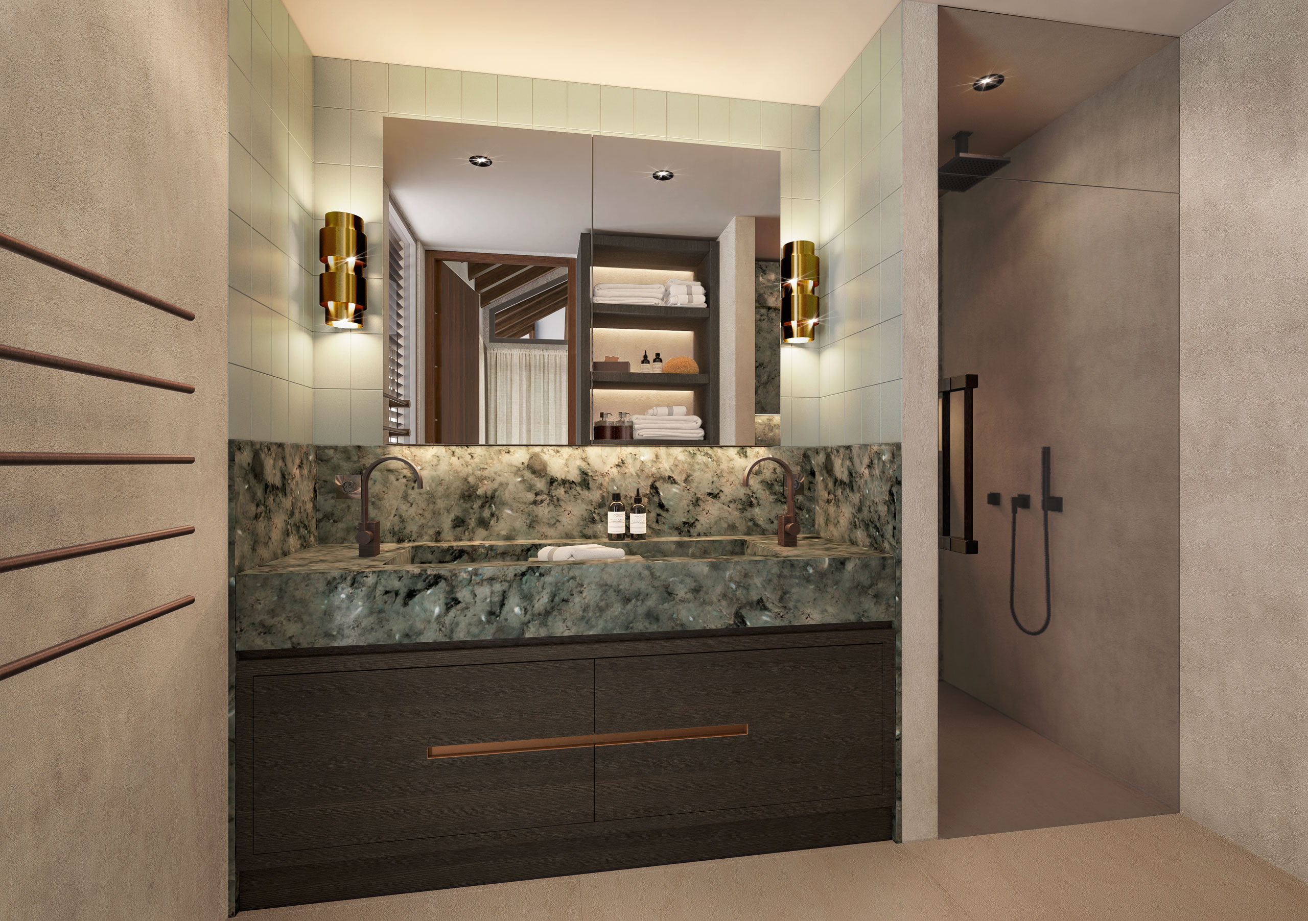 3D visualization of spa-style bathroom with stone and soft lighting