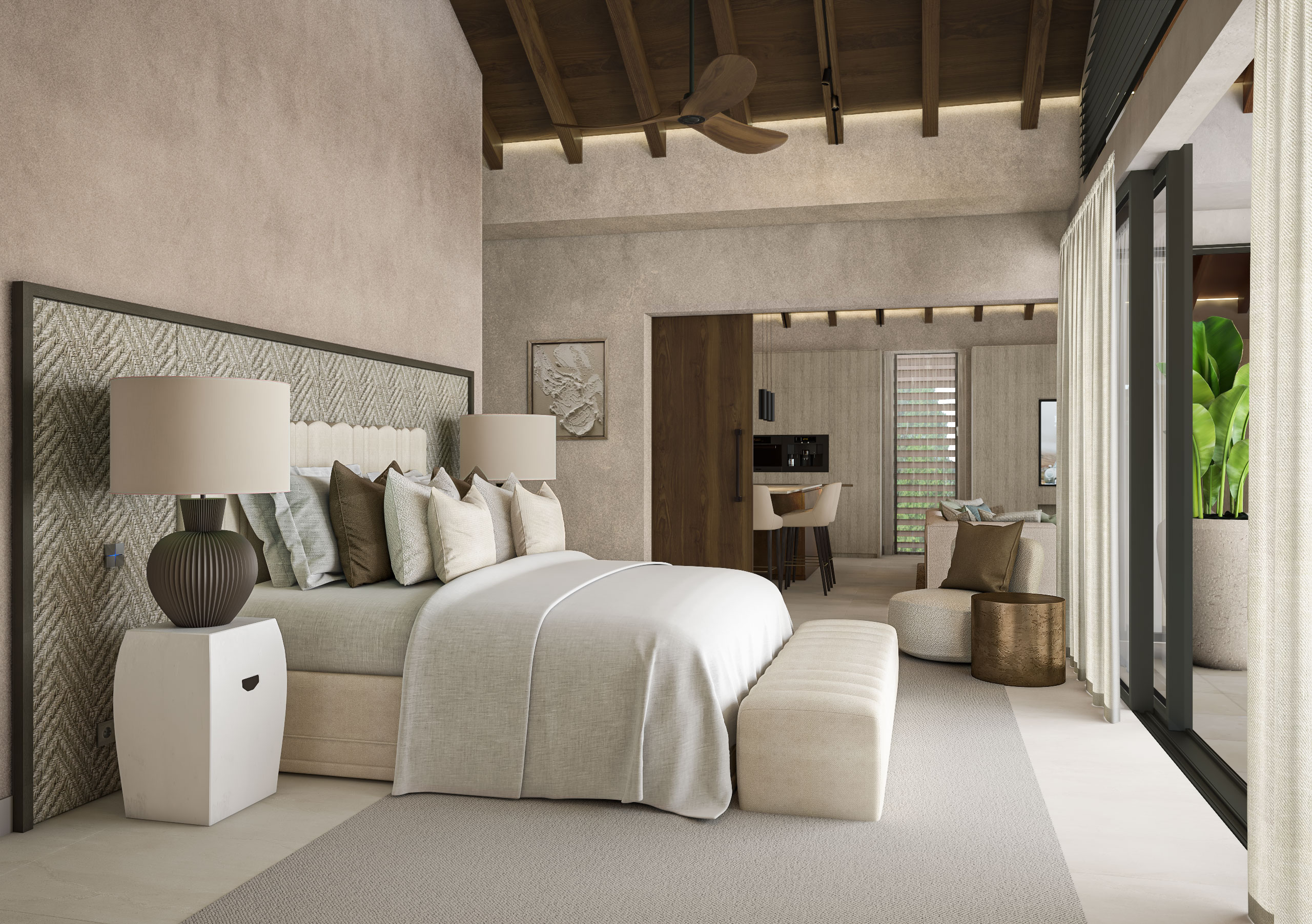 Bedroom CGI of tropical luxury penthouse by EKML in Curaçao