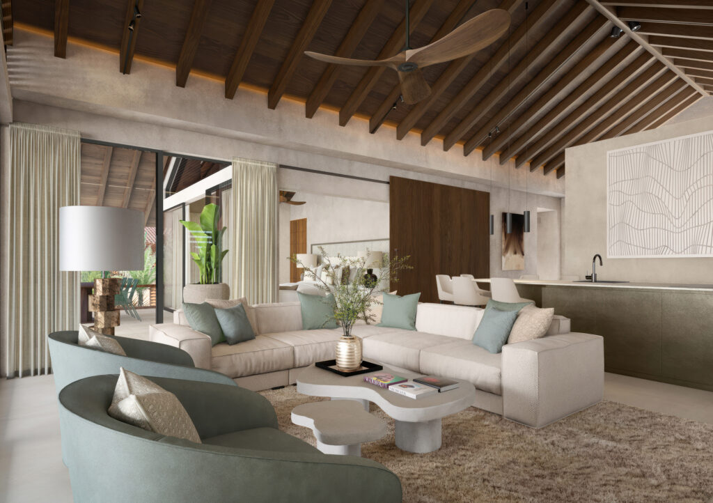 Cropped hero image of 3D rendered living room in Blue Bay penthouse