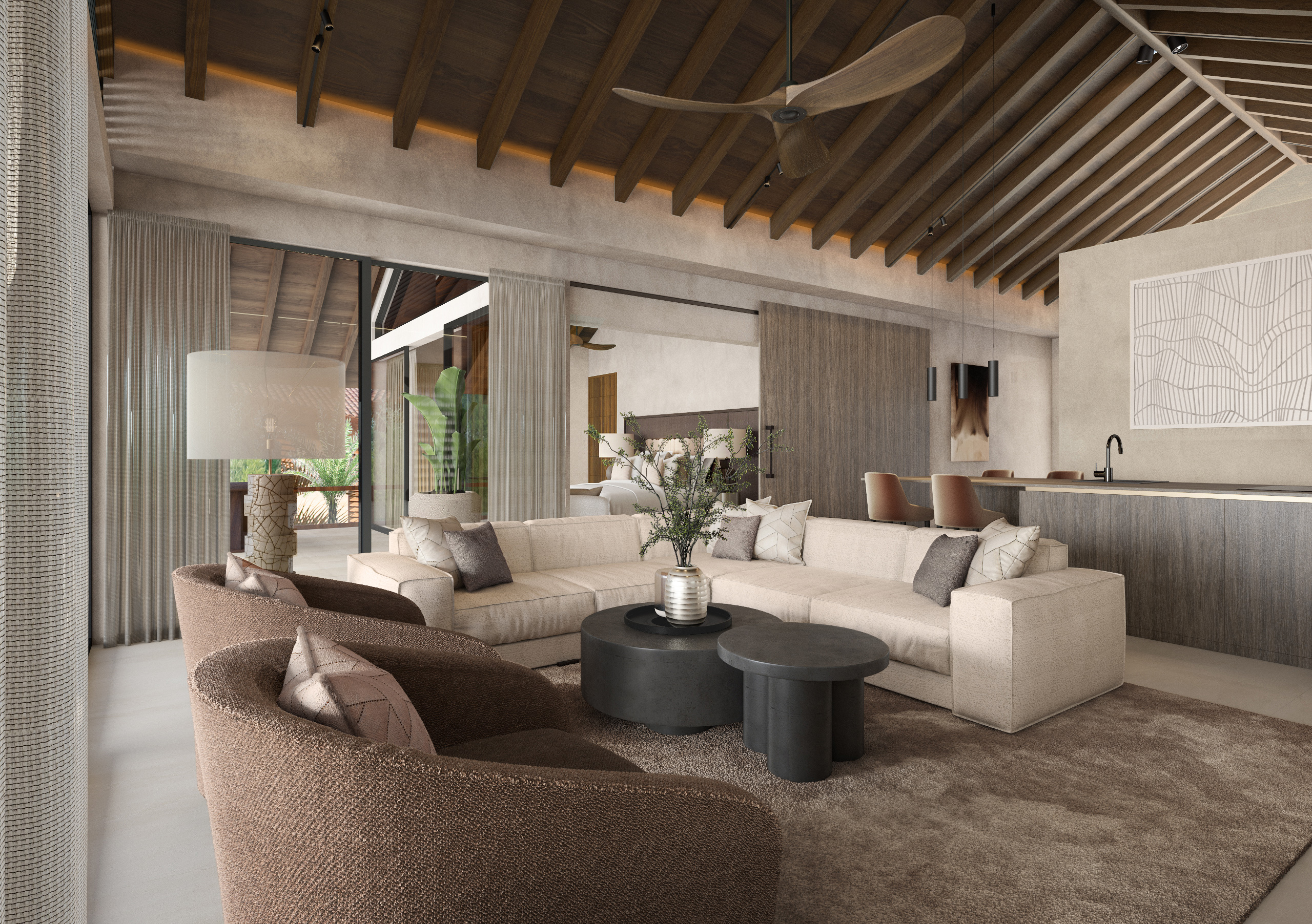 Alternate material version of penthouse living room rendered in CGI