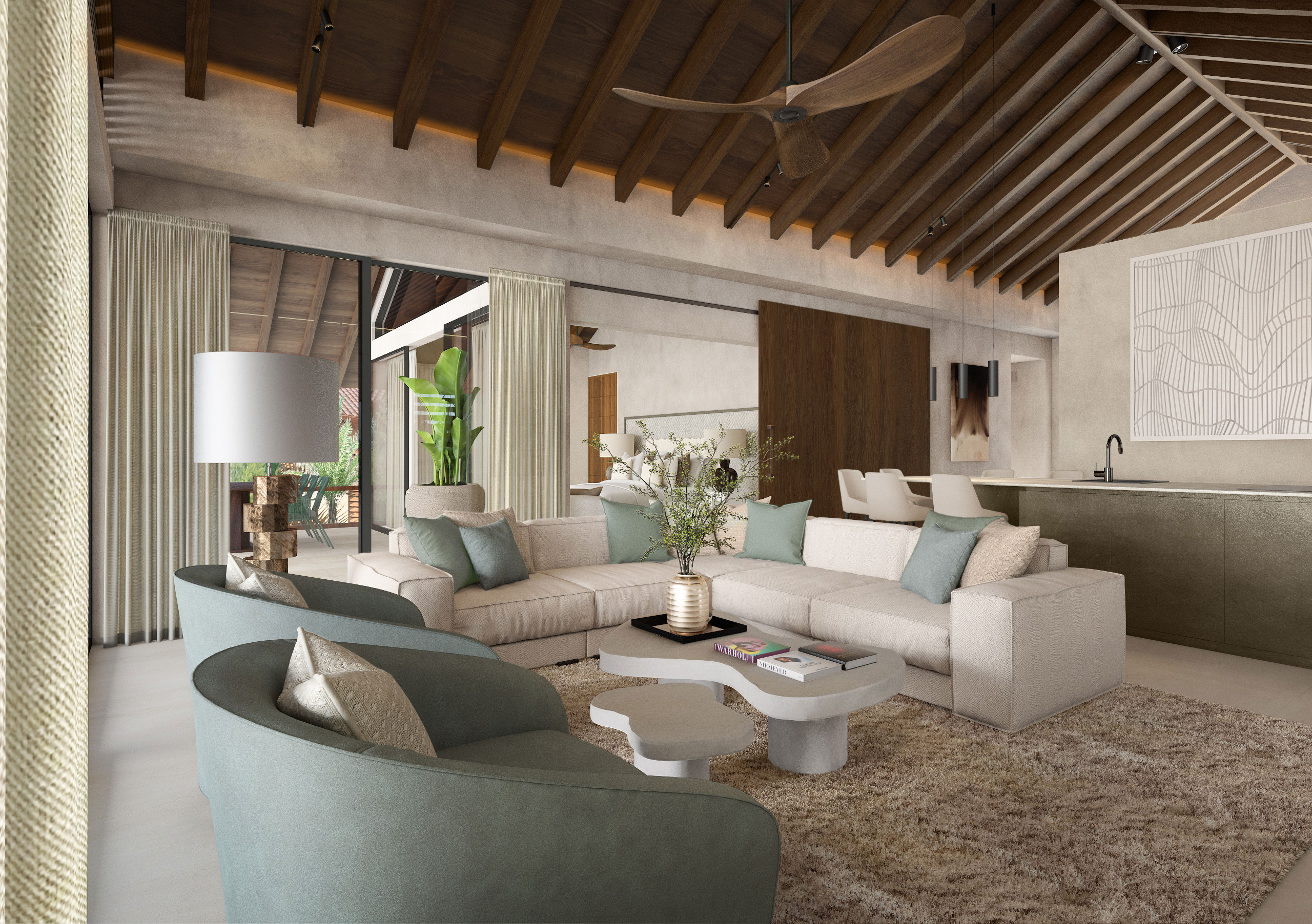 Original material palette of Blue Bay penthouse living room in 3D render