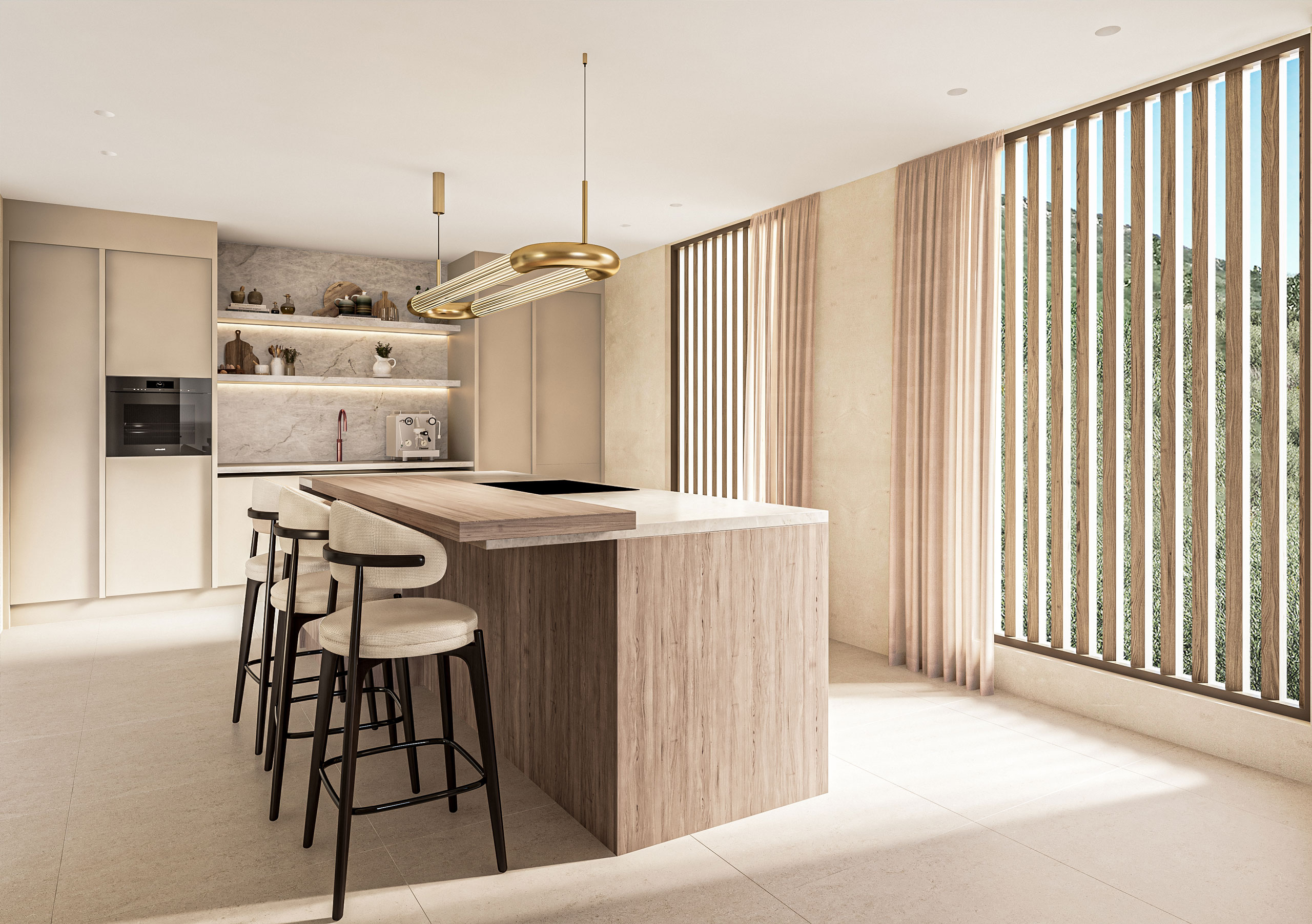 Interior 3D render of the kitchen at Piscadera Bay villa with light oak cabinetry and full-height glazing.