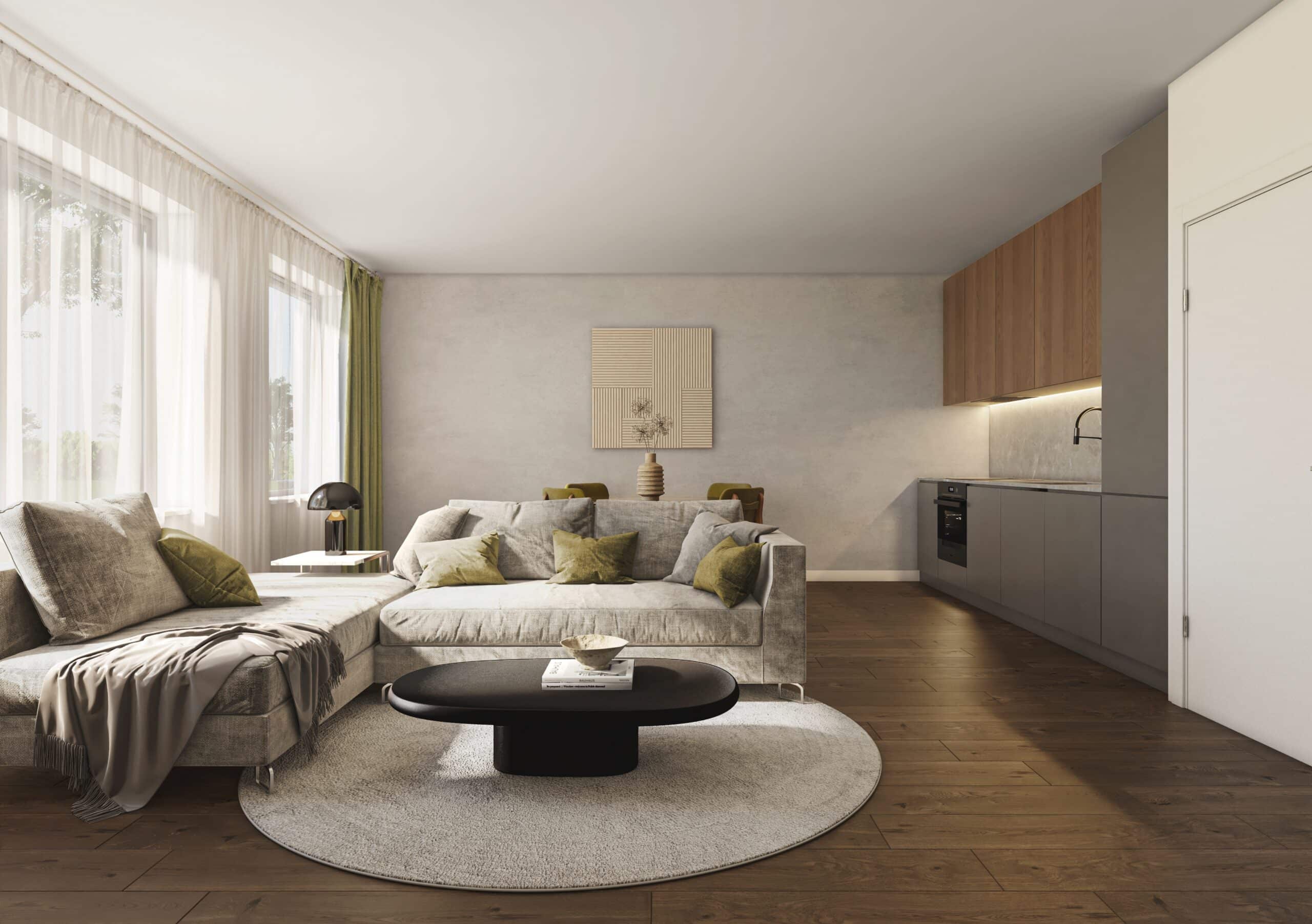 Open-plan apartment visualization for Central Park Almere showing daylight, spatial continuity, and contemporary residential living