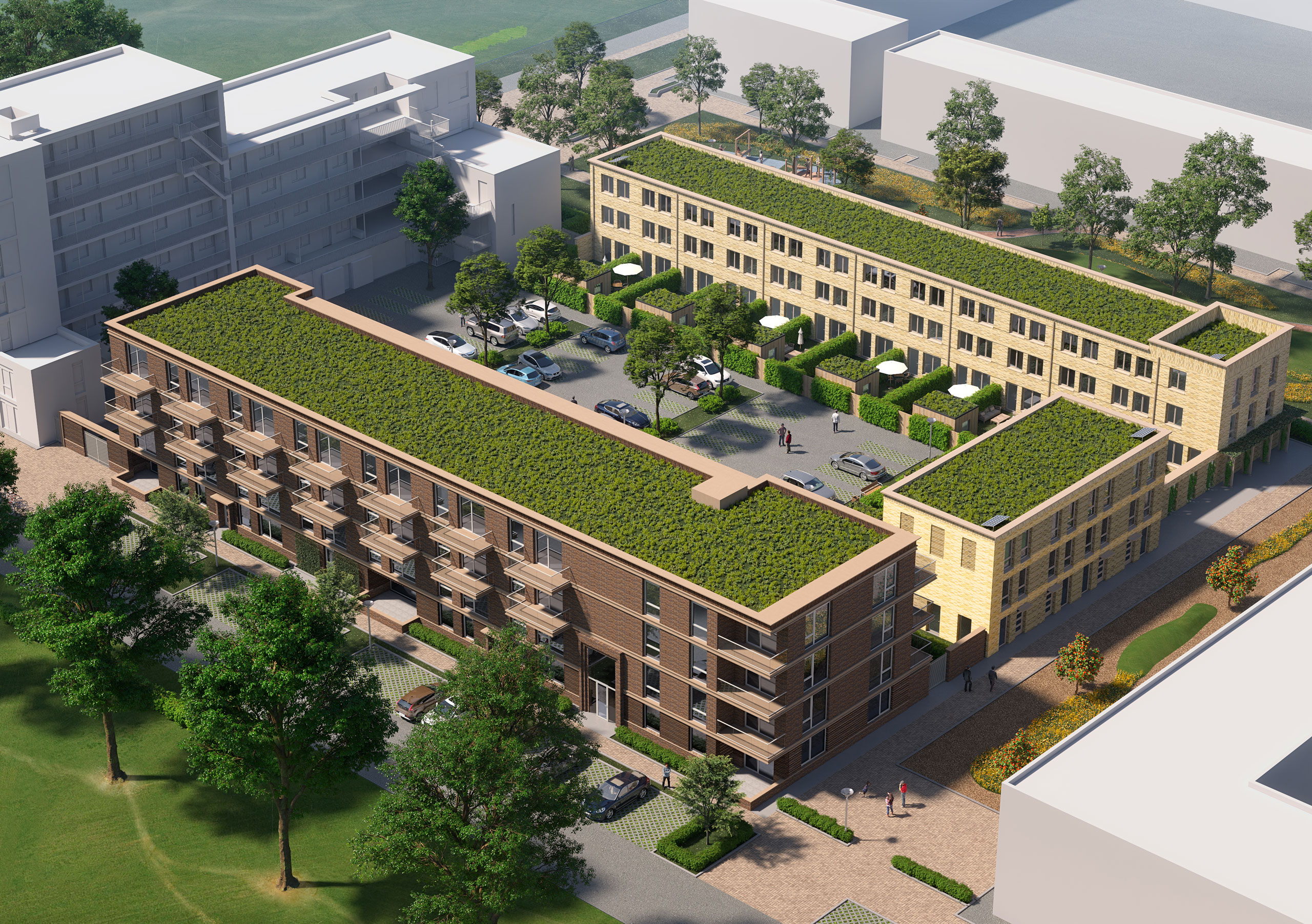 Alternate aerial view of Central Park Almere showing green courtyard and brick massing, ideal for marketing layout and atmosphere.