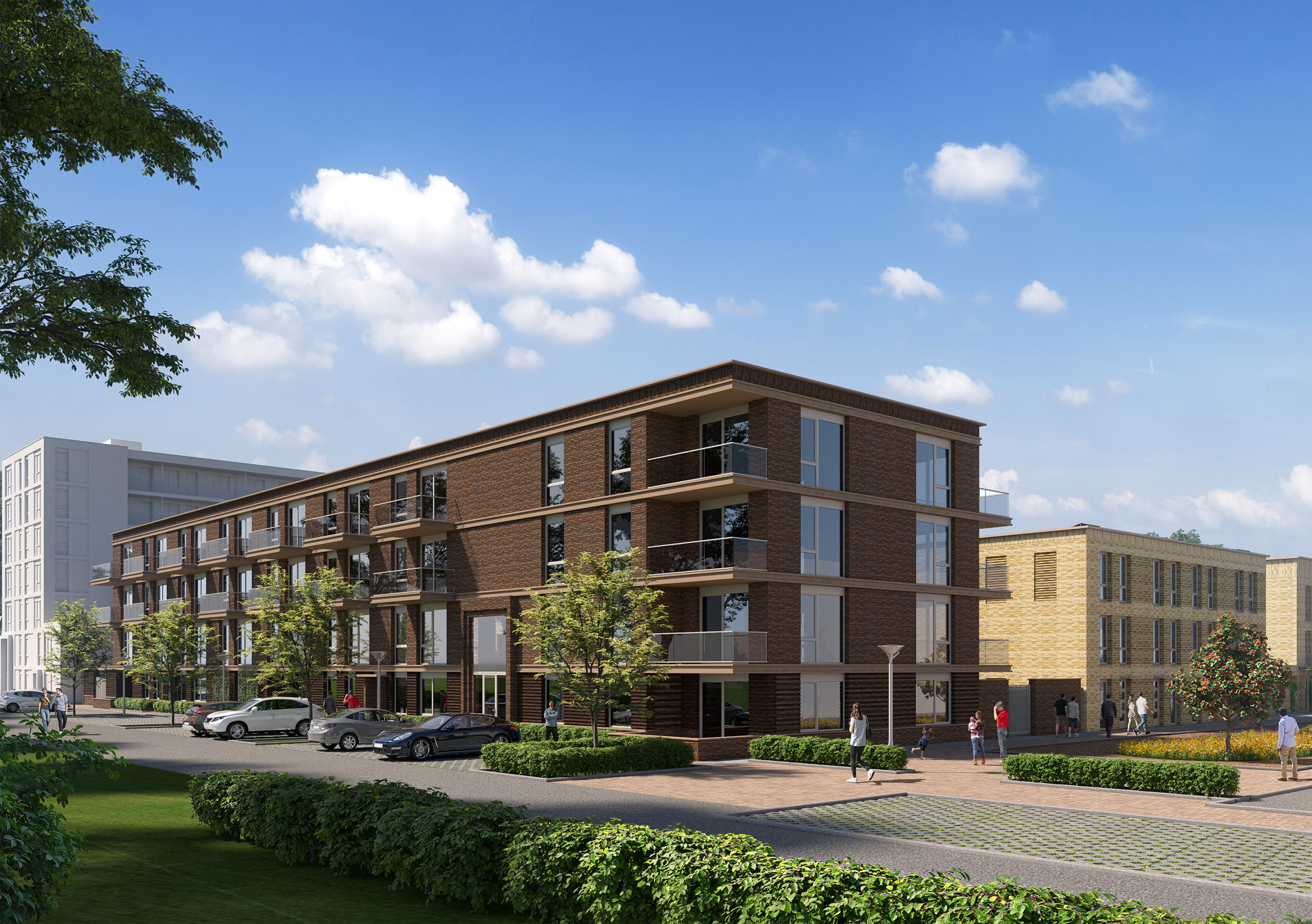 Street-level corner view highlighting brick facade rhythm, entrances, and greenery — showing urban edge livability.