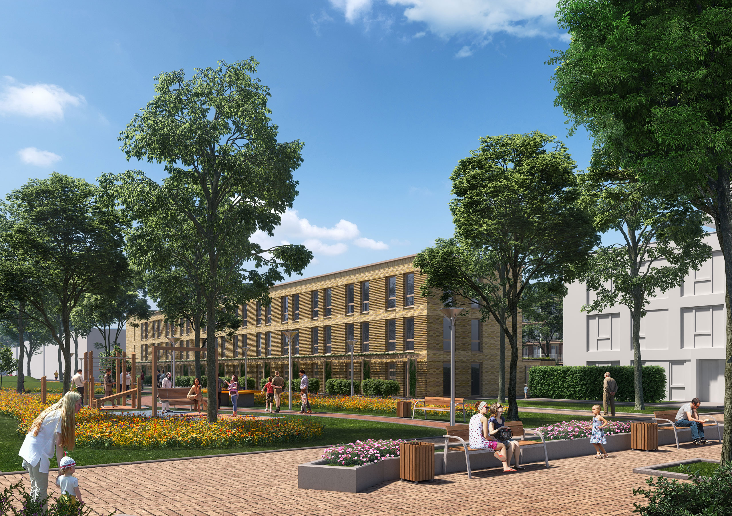 Park-side perspective showing trees, plaza space, and access zones, emphasizing outdoor lifestyle and walkability.