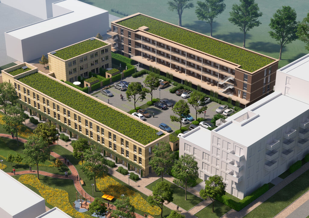 Bird’s-eye 3D visualization of Central Park Almere showing three residential blocks, courtyard landscape, and urban context.