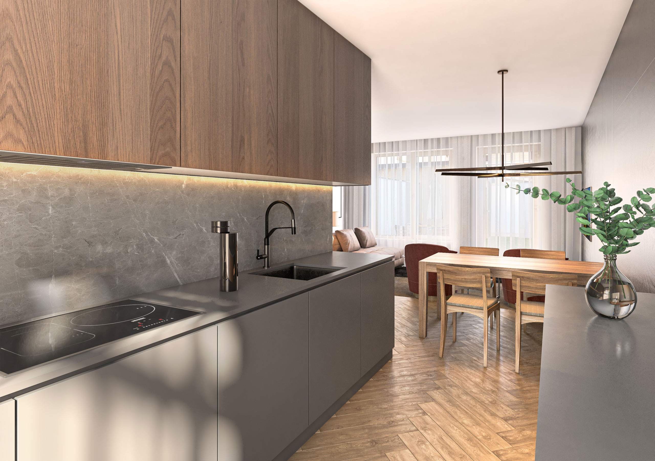Interior of Type A apartment with open-plan kitchen and living area, styled with warm tones and natural light.