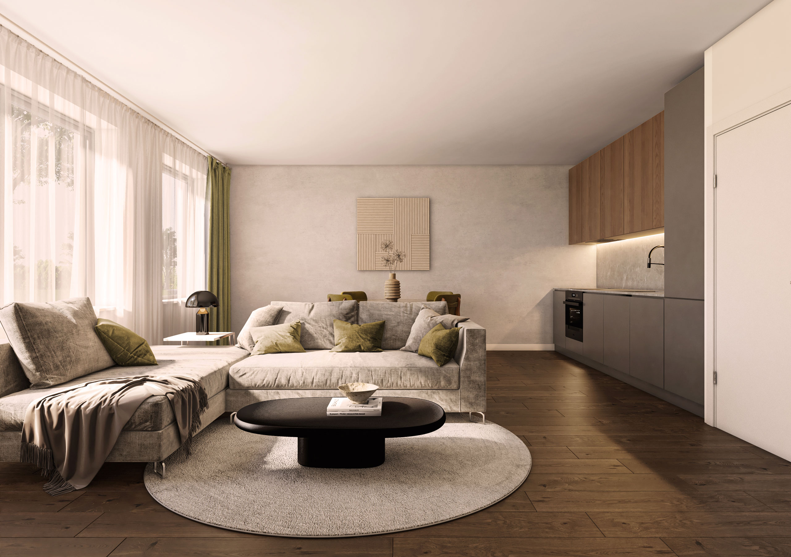 Spacious living area in Type C1 apartment, showing layout flexibility and clean furniture integration.