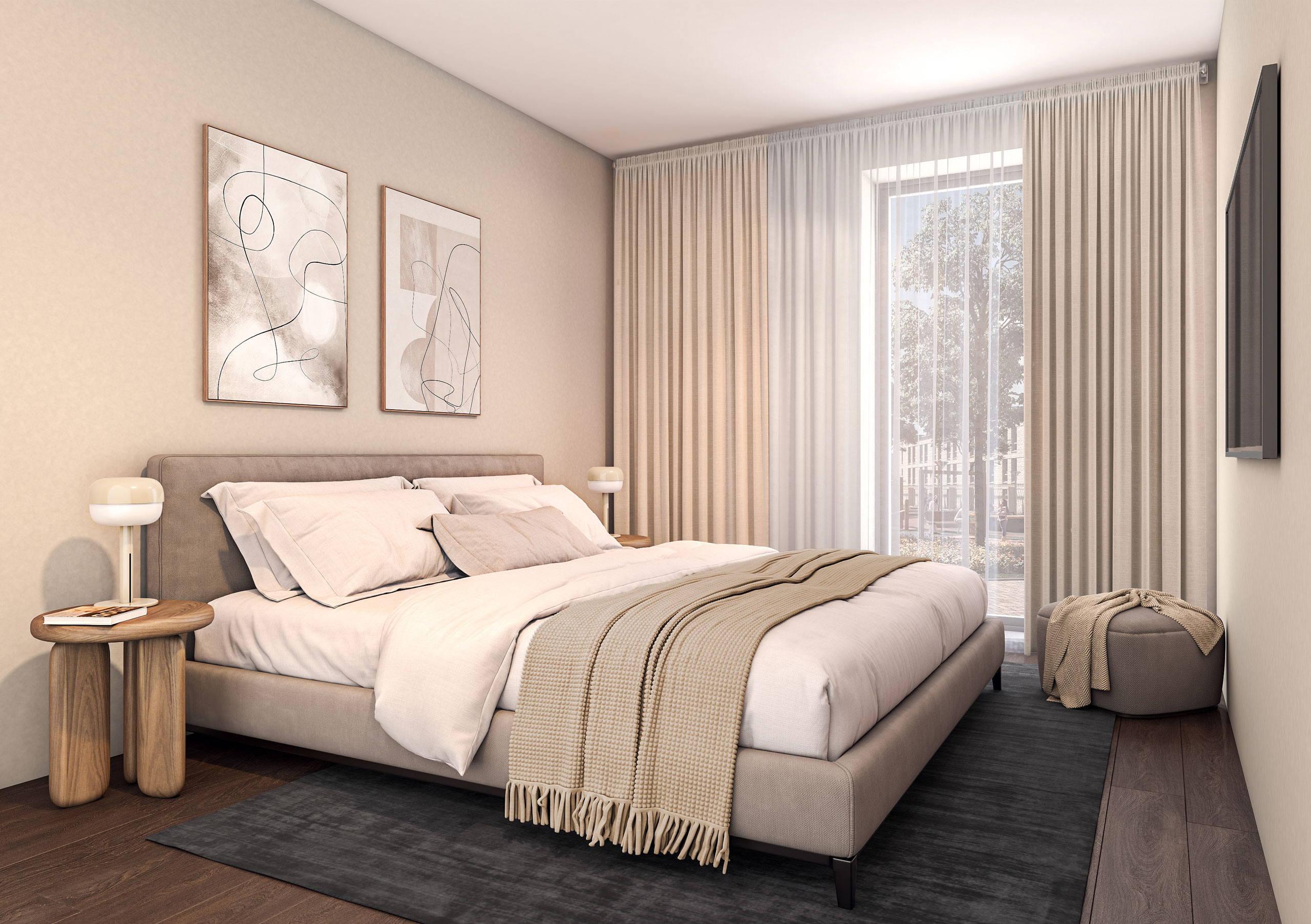 Bedroom from Type C4 apartment, visualized with soft tones, natural lighting, and a calm layout.