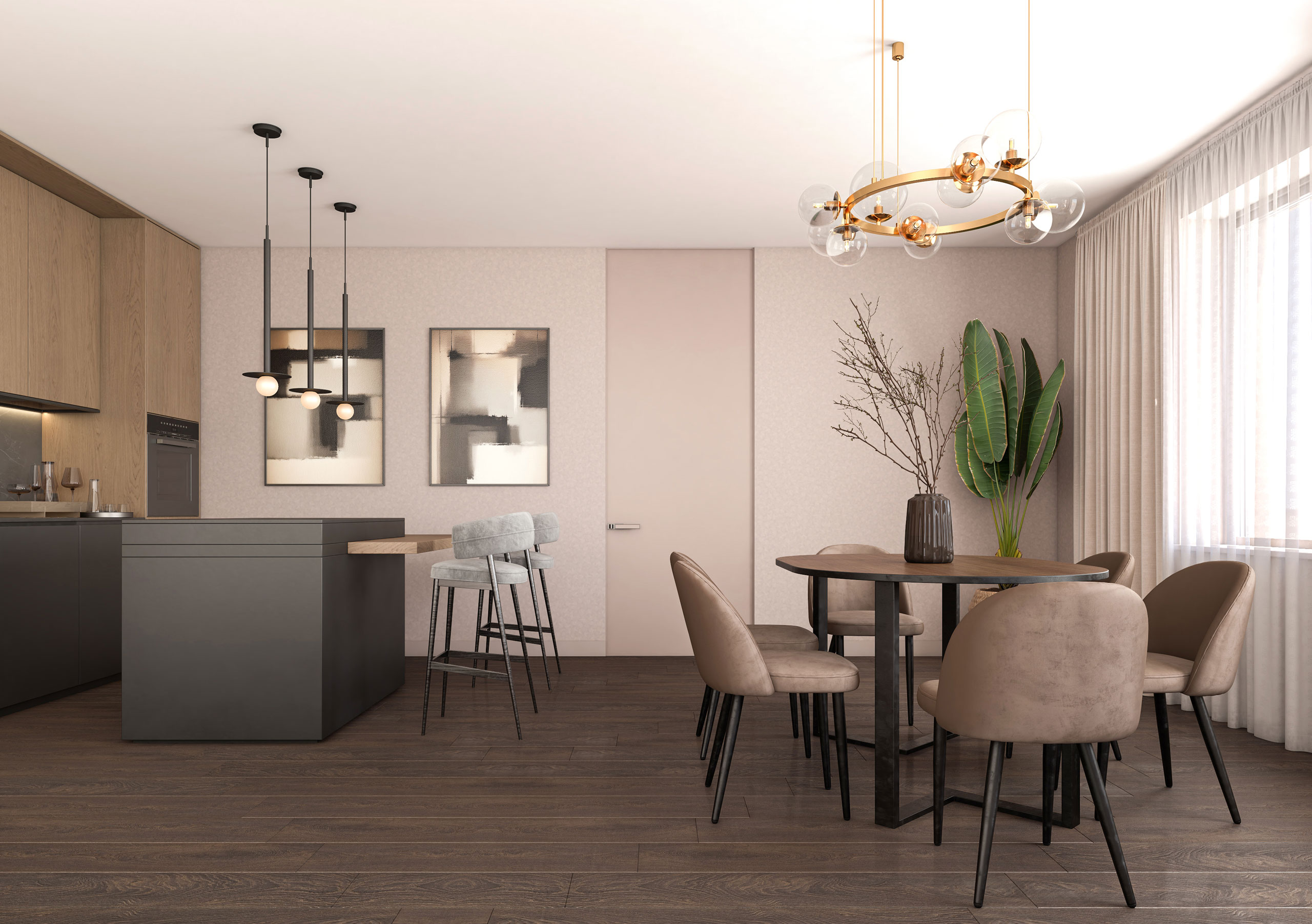 Kitchen of Type C5b apartment, showing vertical wood cabinetry, neutral counters, and efficient layout.