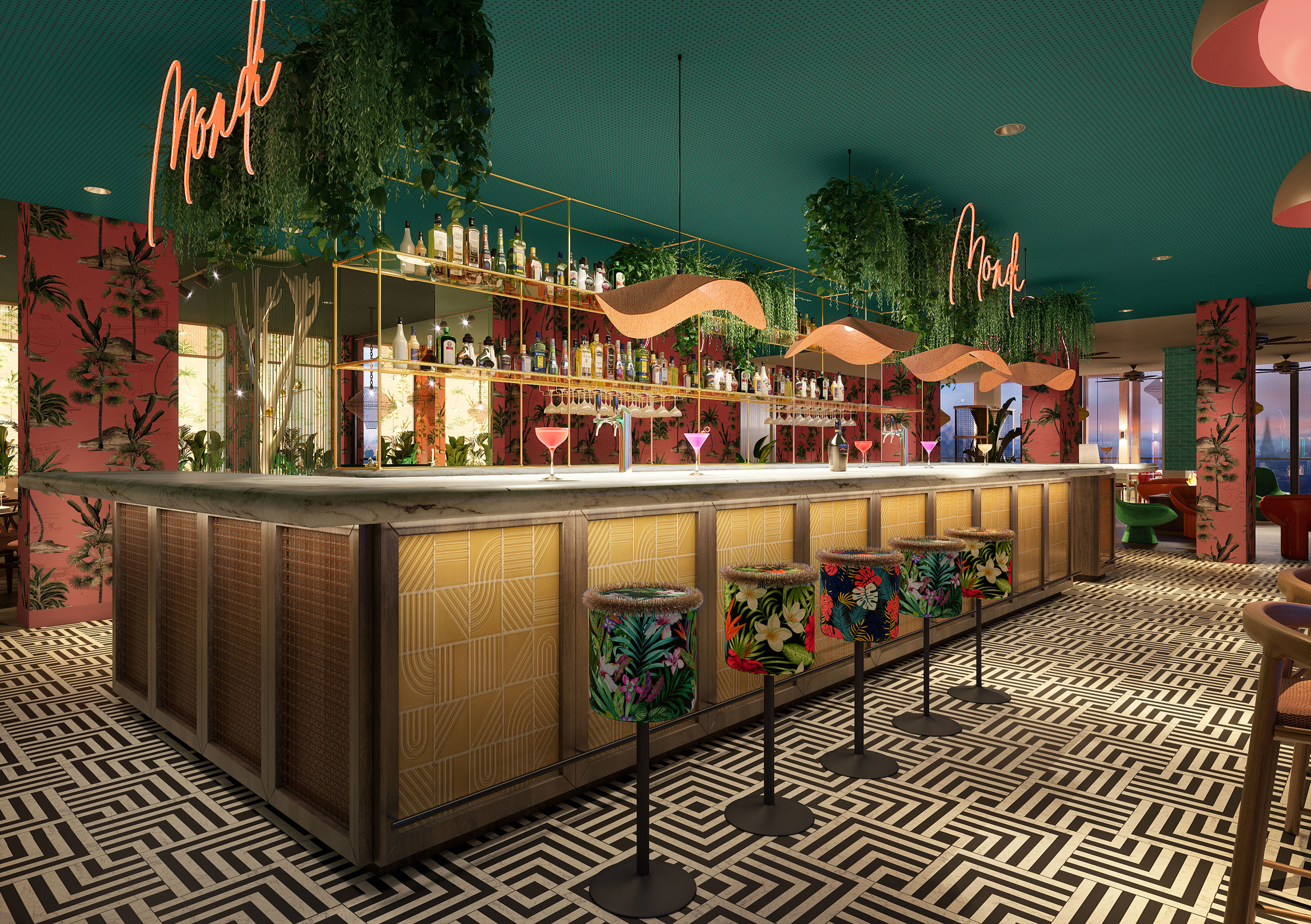 3D visualization of the bar area in Mondi City Restaurant, Amsterdam