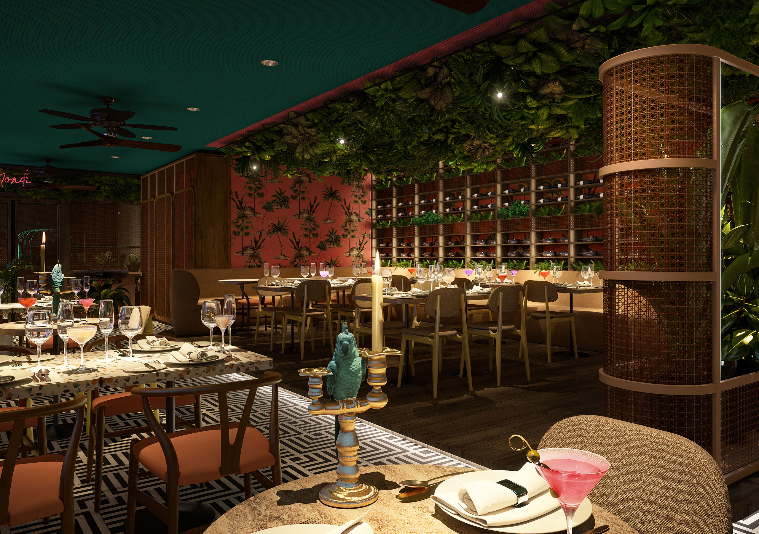 Candlelit table in foreground with view of Mondi Restaurant’s dining area in the background