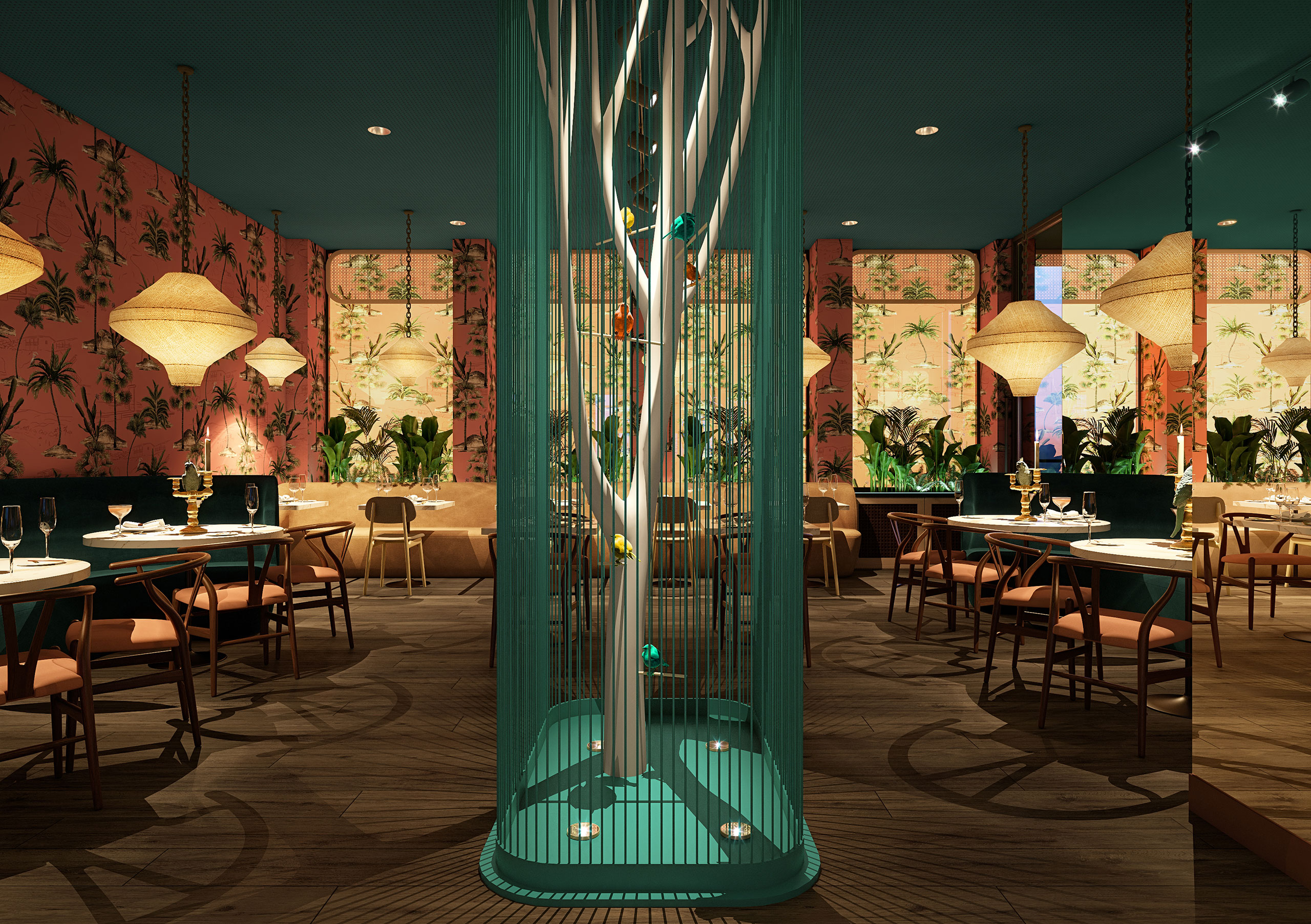 Lighting and material detailing in the interior of Mondi Restaurant, designed by Bakovich Architects