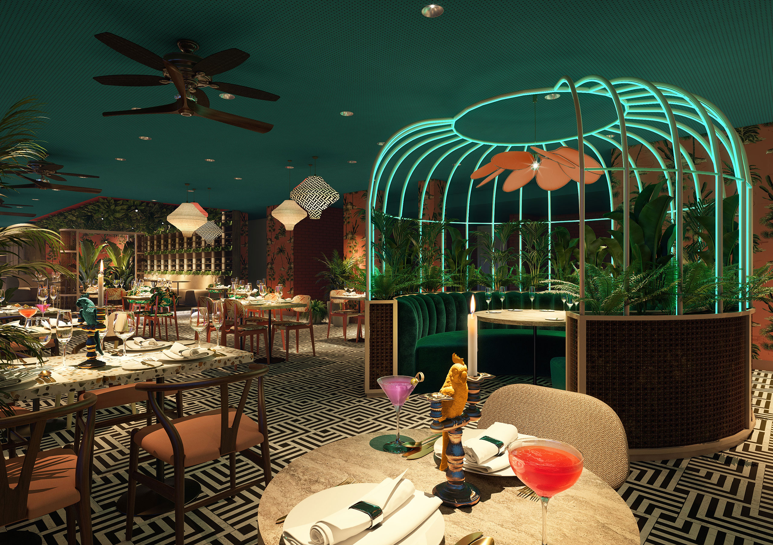 Interior overview of Mondi City Restaurant in Amsterdam with tropical-inspired design