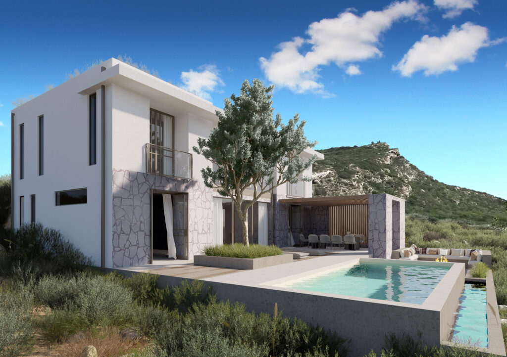 Exterior 3D render of a luxury villa in Piscadera Bay, Curaçao, showing poolside terrace and modern coastal architecture, visualized by Frame+View.
