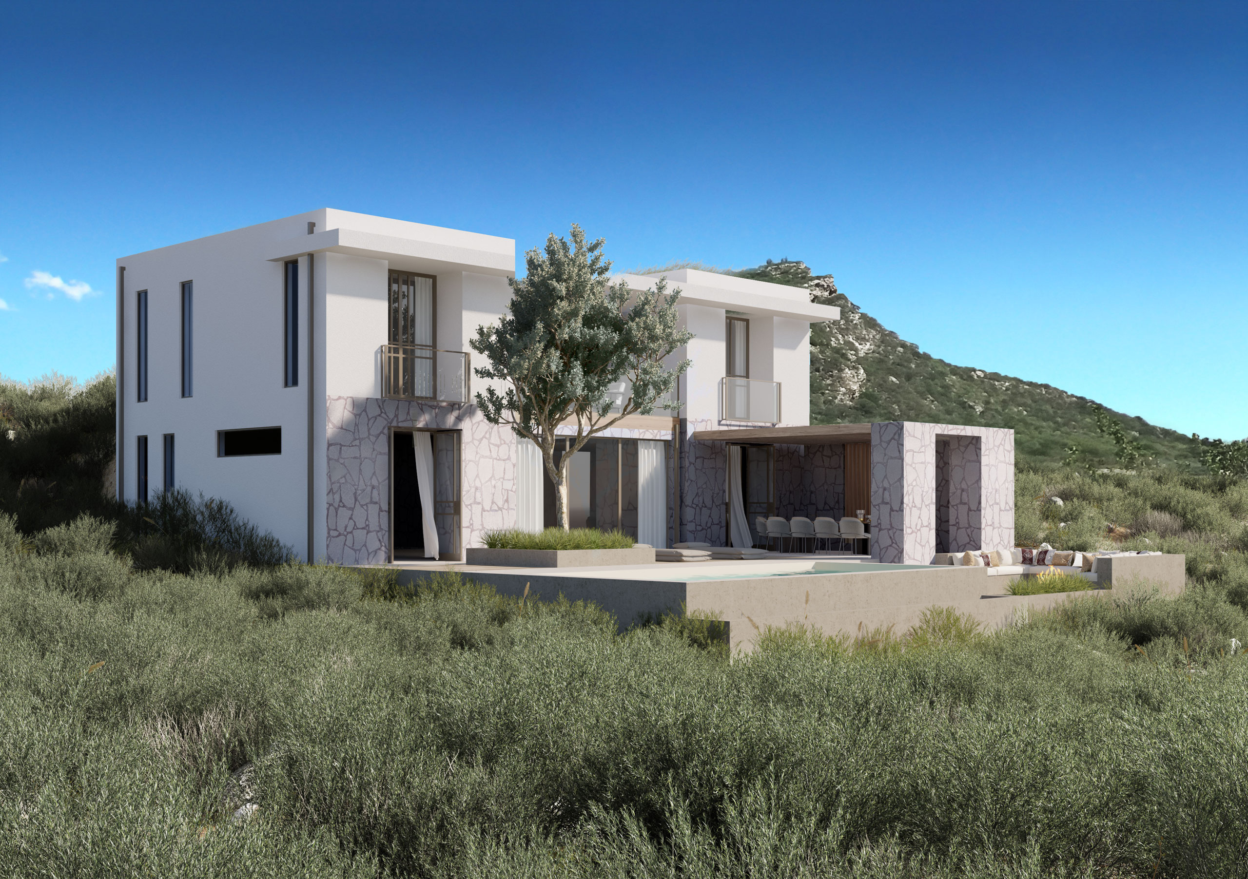 Side view 3D visualization of the Piscadera Bay villa highlighting ocean backdrop and outdoor fireplace.