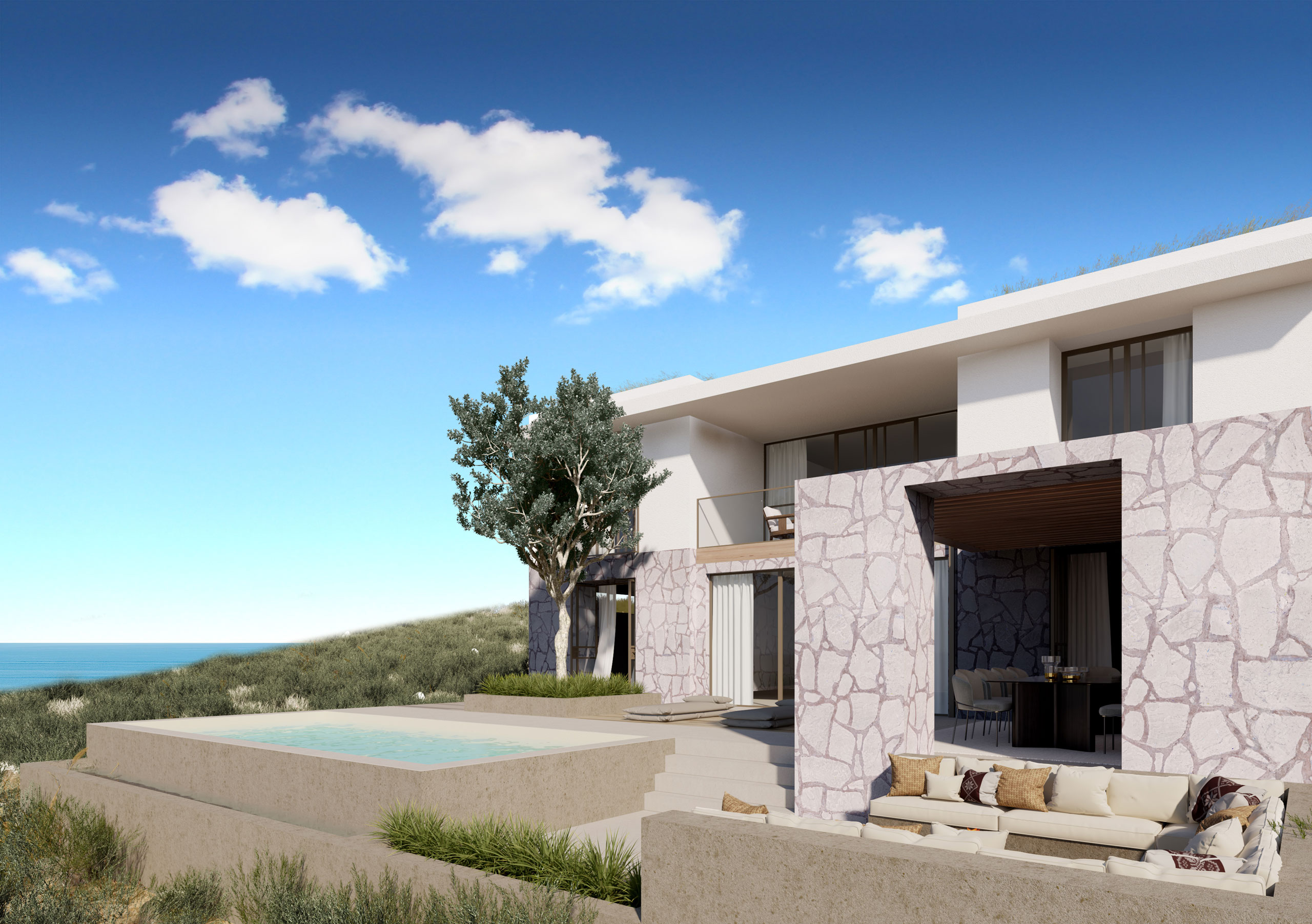 Angled 3D render of the Piscadera Bay villa with textured stone facade and shaded entrance path.