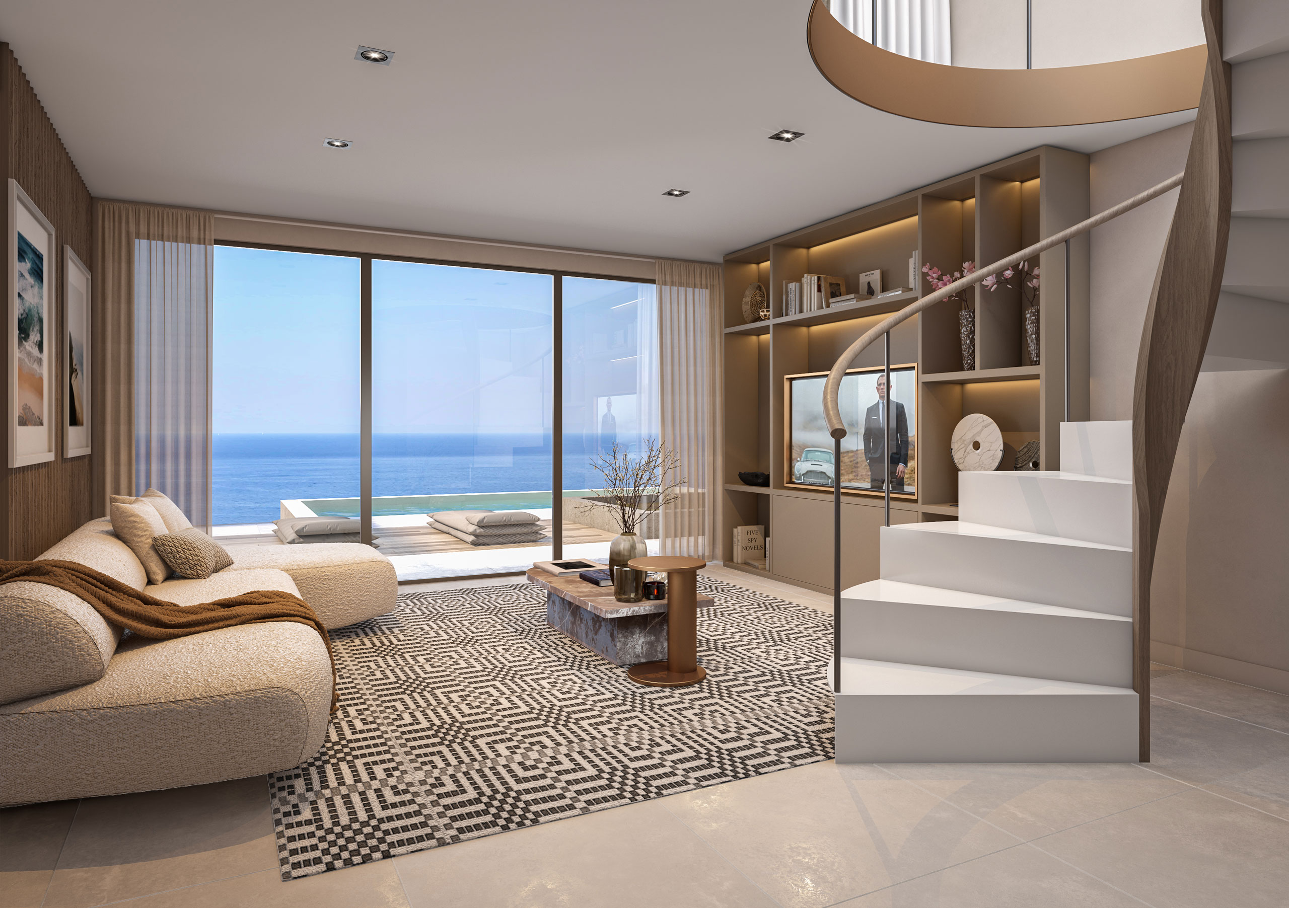 Coastal-inspired living room visualization of the Piscadera Bay villa with ocean views and soft seating.