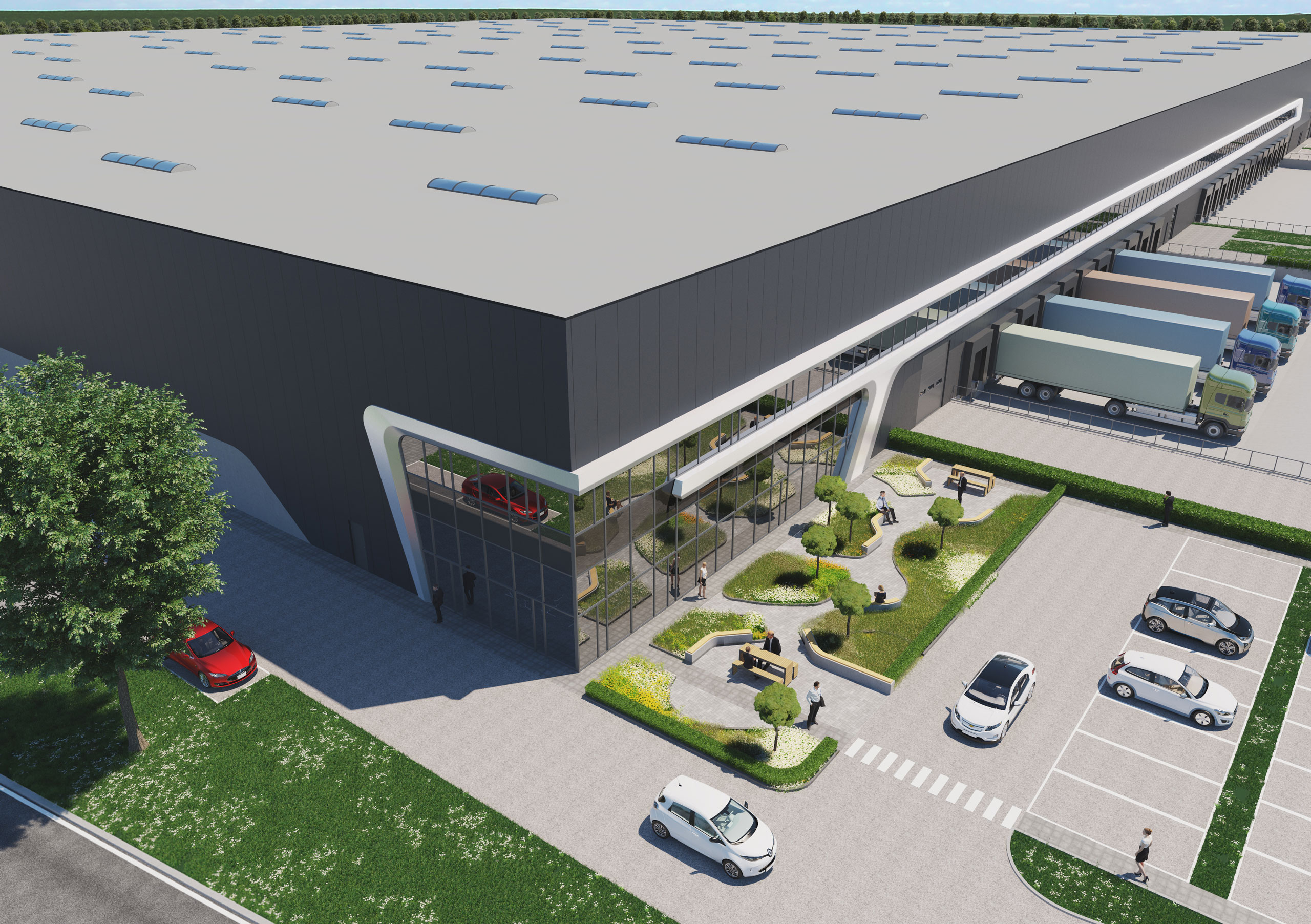 Alternate aerial view of Prologis DC5 showing roof detail and loading bays from above.