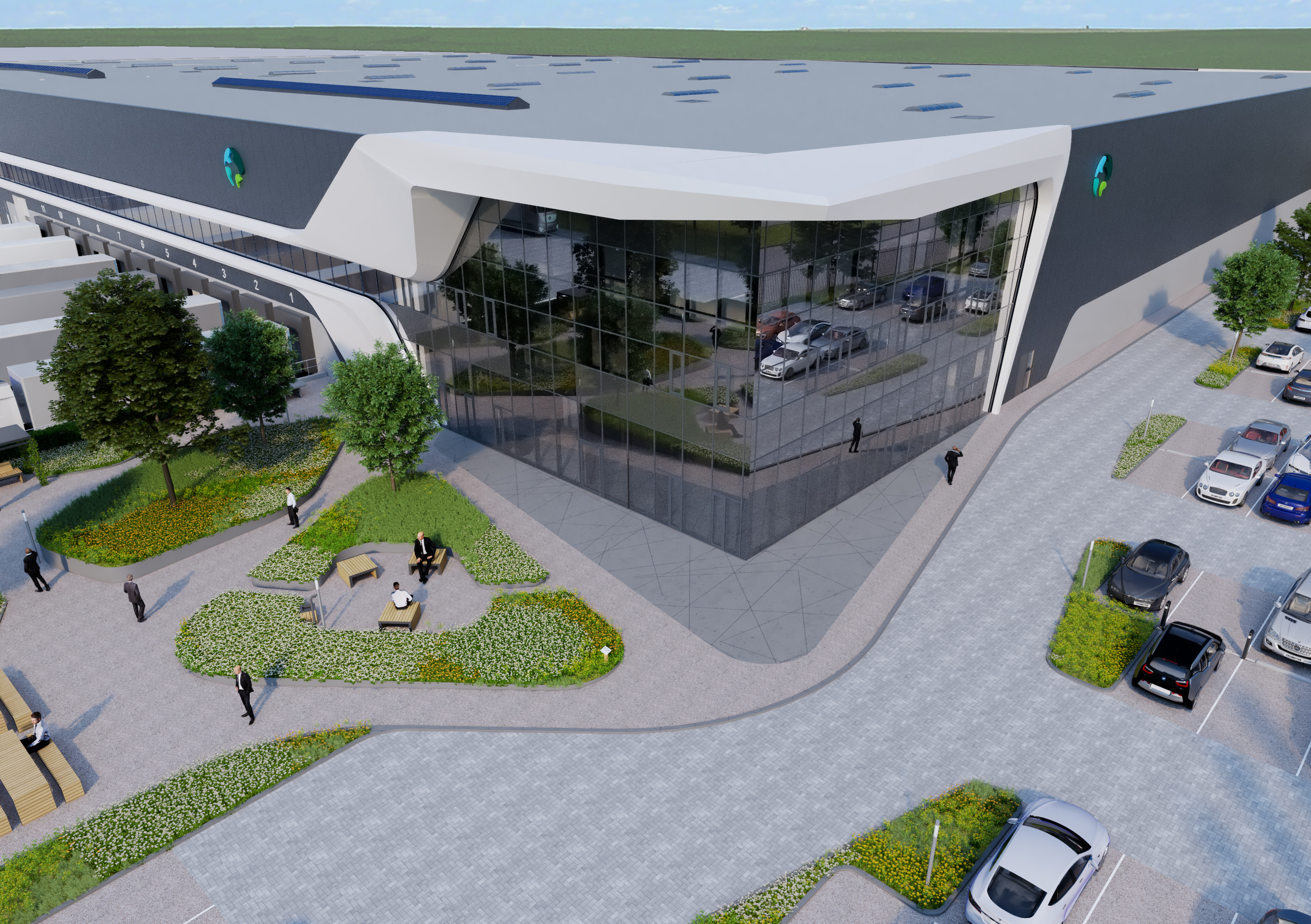 Early-stage 3D render of Prologis DC5 showing initial concept design for rooftop and site layout.