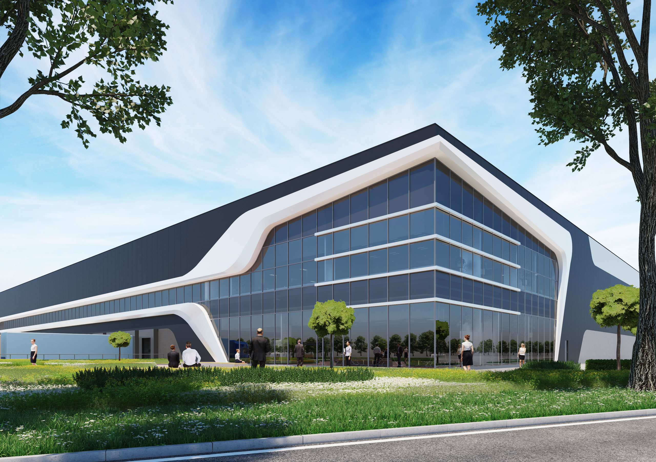 Exterior 3D visualization of Prologis DC5 with WELL-inspired façade design and landscaped surroundings.
