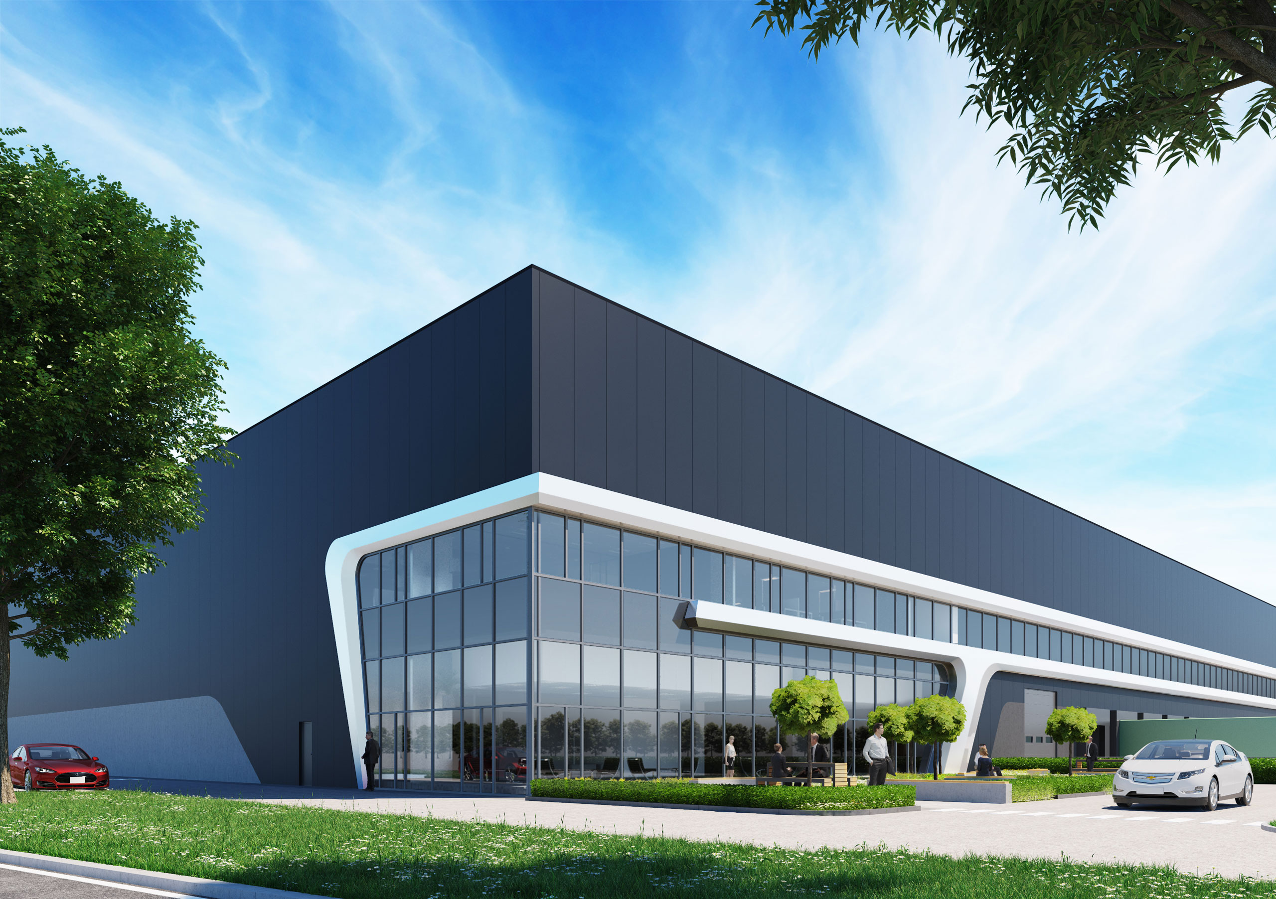 View of the logistics façade at Prologis DC5 highlighting daylight access and architectural rhythm.