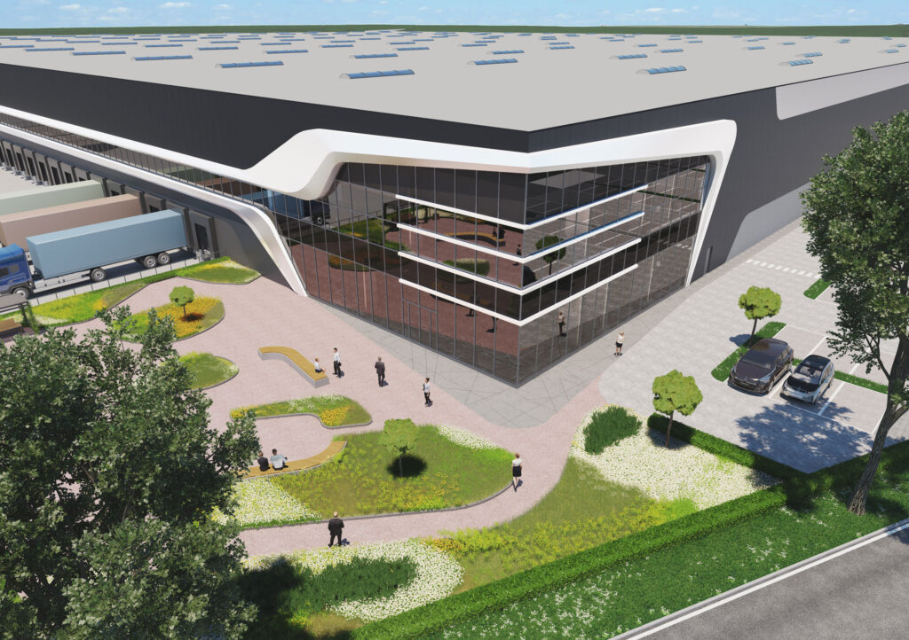 Bird’s-eye 3D render of Prologis DC5 logistics building with updated design and rooftop landscaping, visualized by Frame+View.