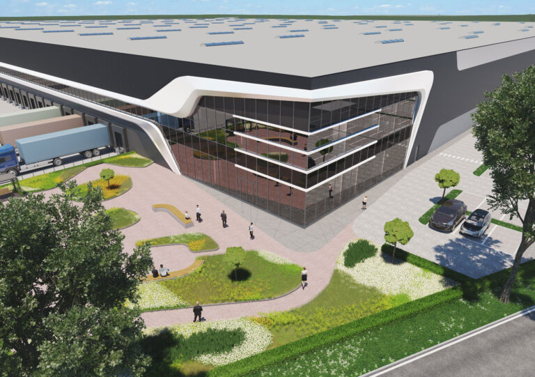 Bird’s-eye 3D render of Prologis DC5 logistics building with updated design and rooftop landscaping, visualized by Frame+View.