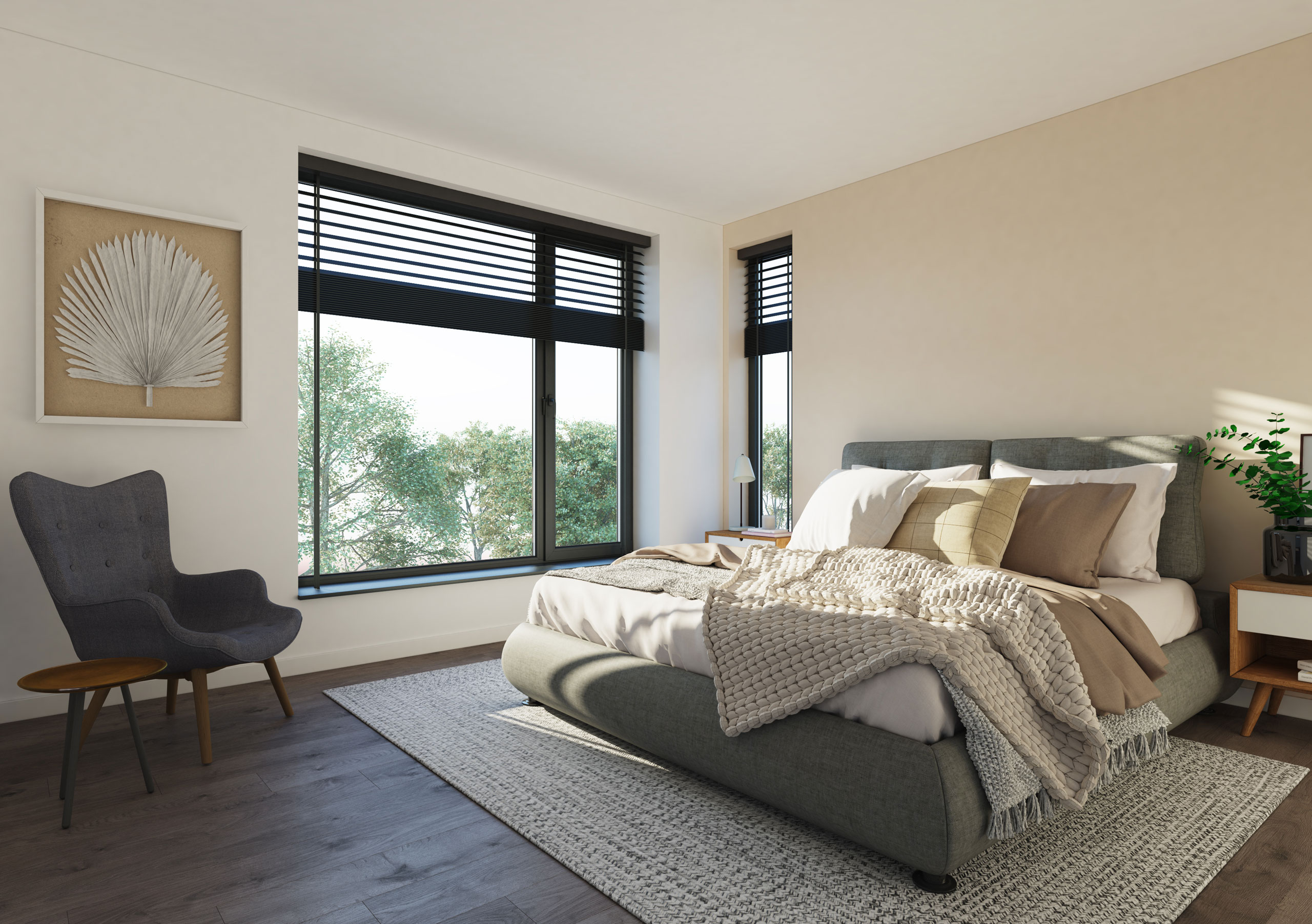 Master bedroom with natural tones and large windows