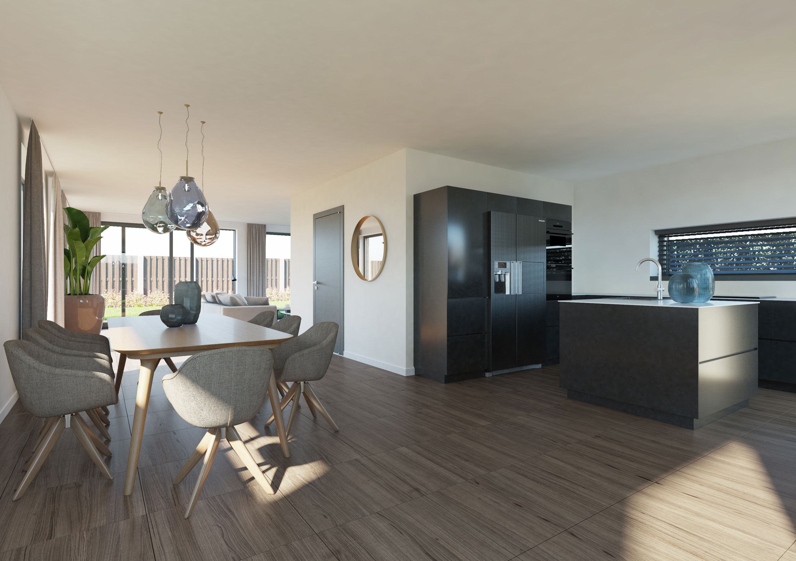 Open-plan kitchen with central island in modern villa