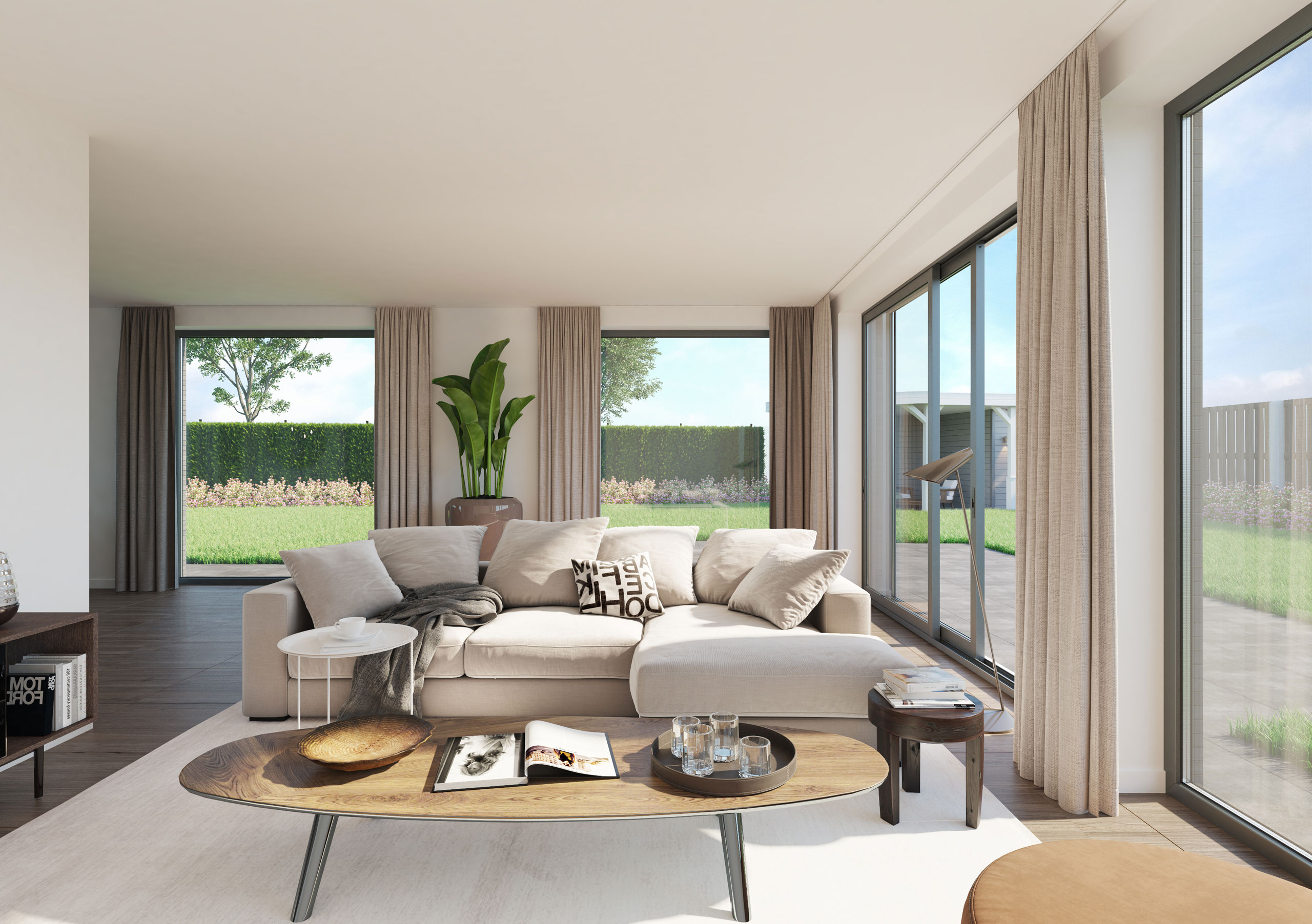Interior view of modern living room with sliding doors and daylight