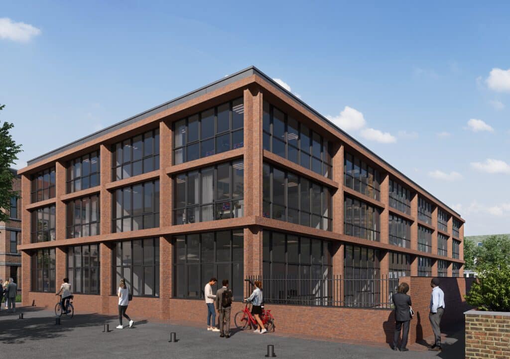 Corner perspective CGI of a contemporary office building in Amsterdam with brick façade and large glazed openings