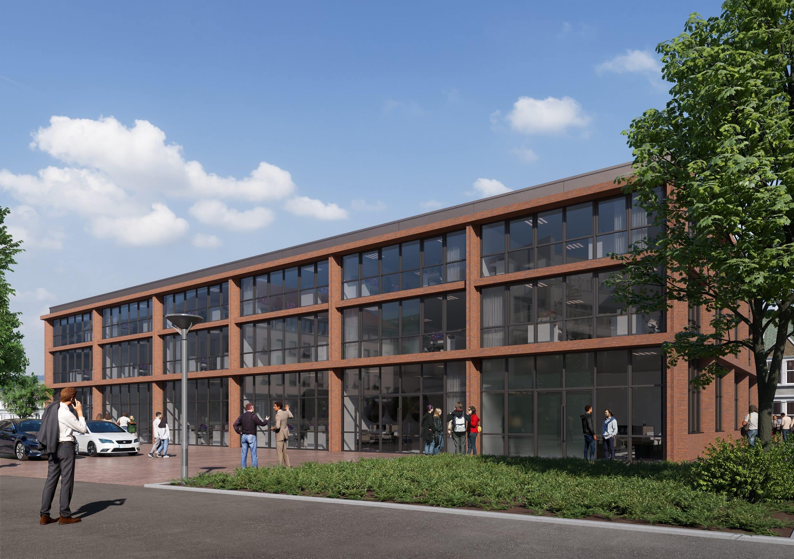 Wide-angle CGI of a contemporary Amsterdam office building with landscaped public space and glass façades