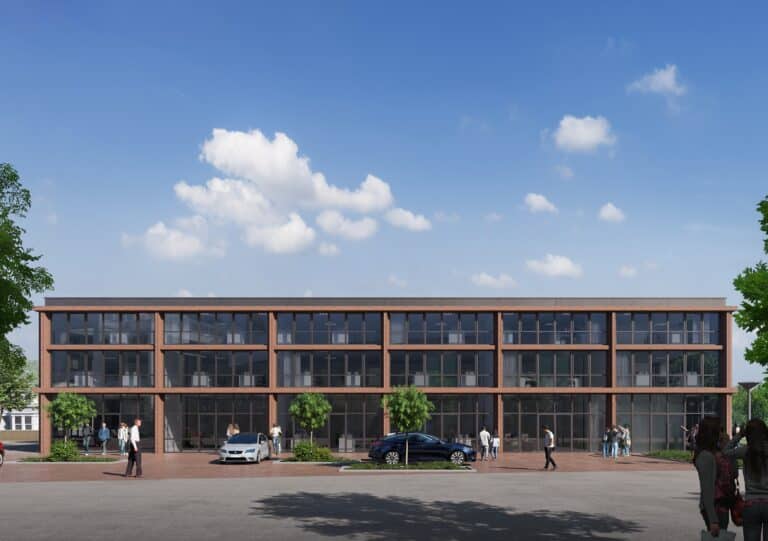 Front elevation CGI of a contemporary brick office building in Amsterdam with modular façade design