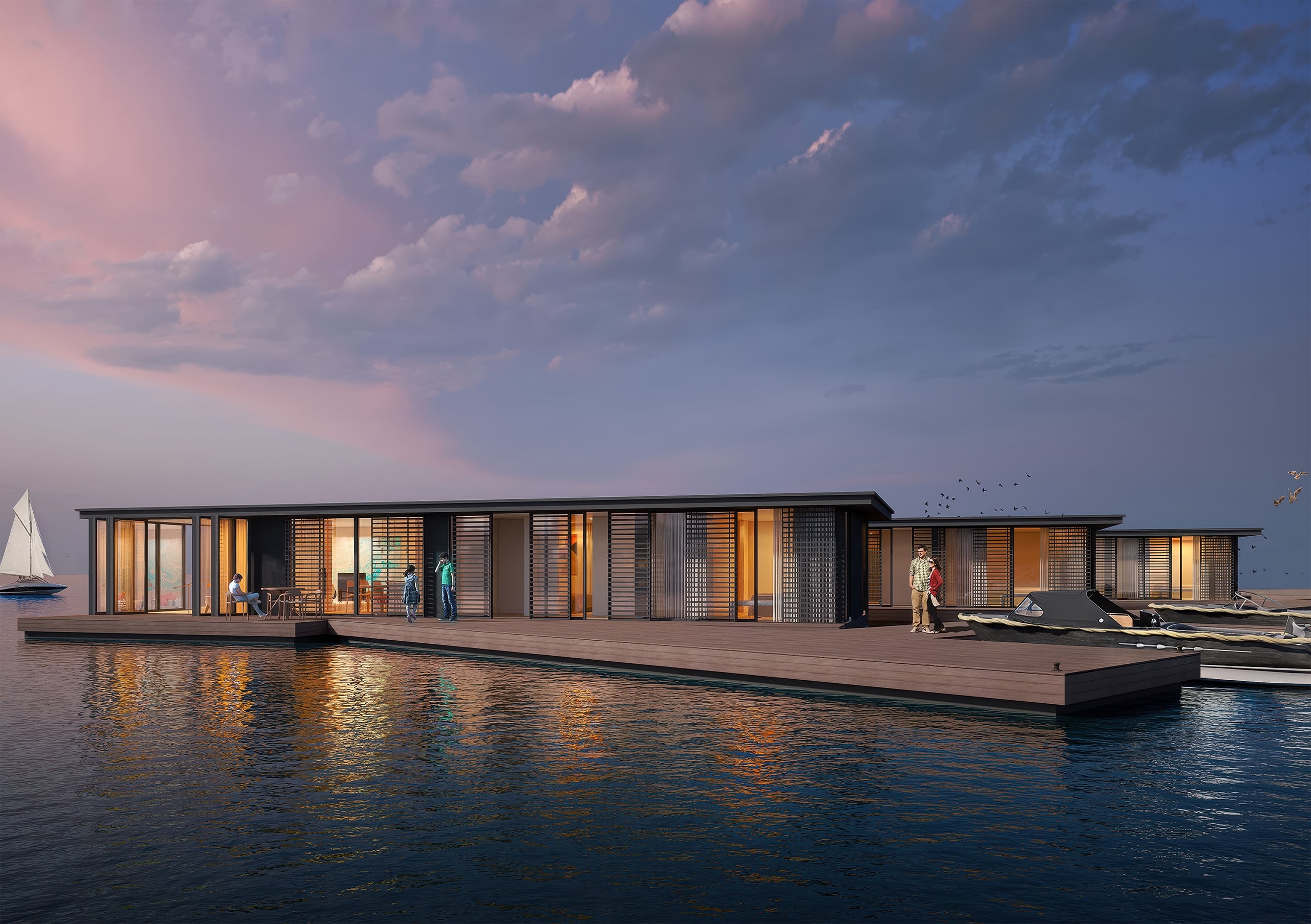 Dusk exterior CGI of a contemporary waterfront houseboat with warm lighting reflected on the wate