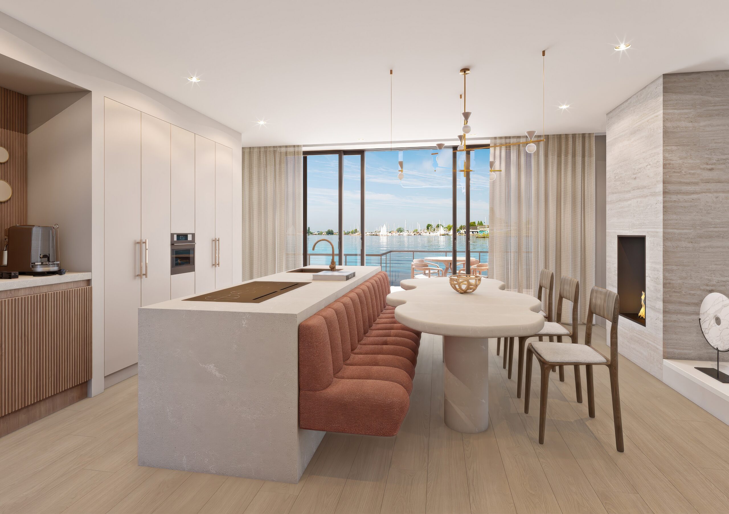 Open-plan waterfront kitchen and dining CGI with natural stone finishes and terrace views