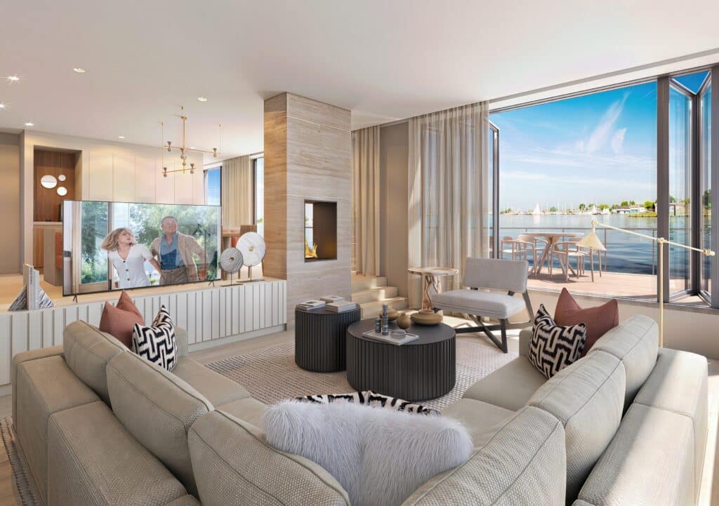 Luxury waterfront houseboat CGI living room with full-height glazing and panoramic water views