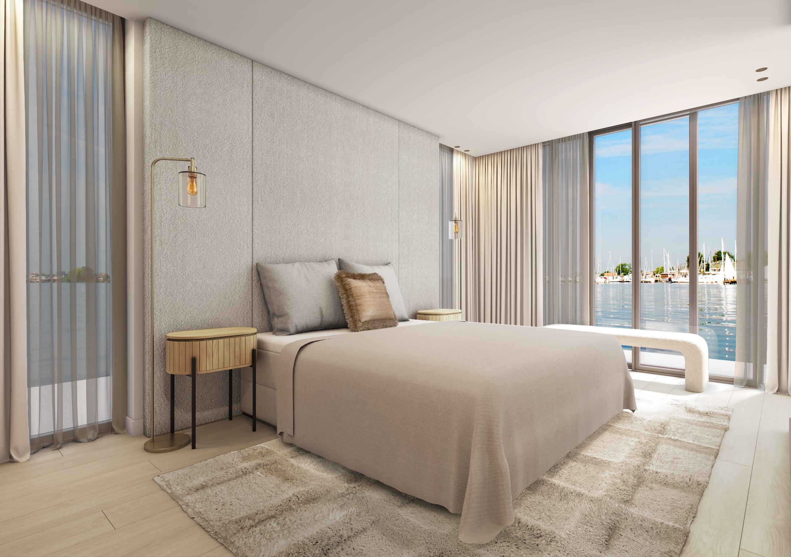 Luxury waterfront bedroom CGI with soft neutral materials and full-height curtains