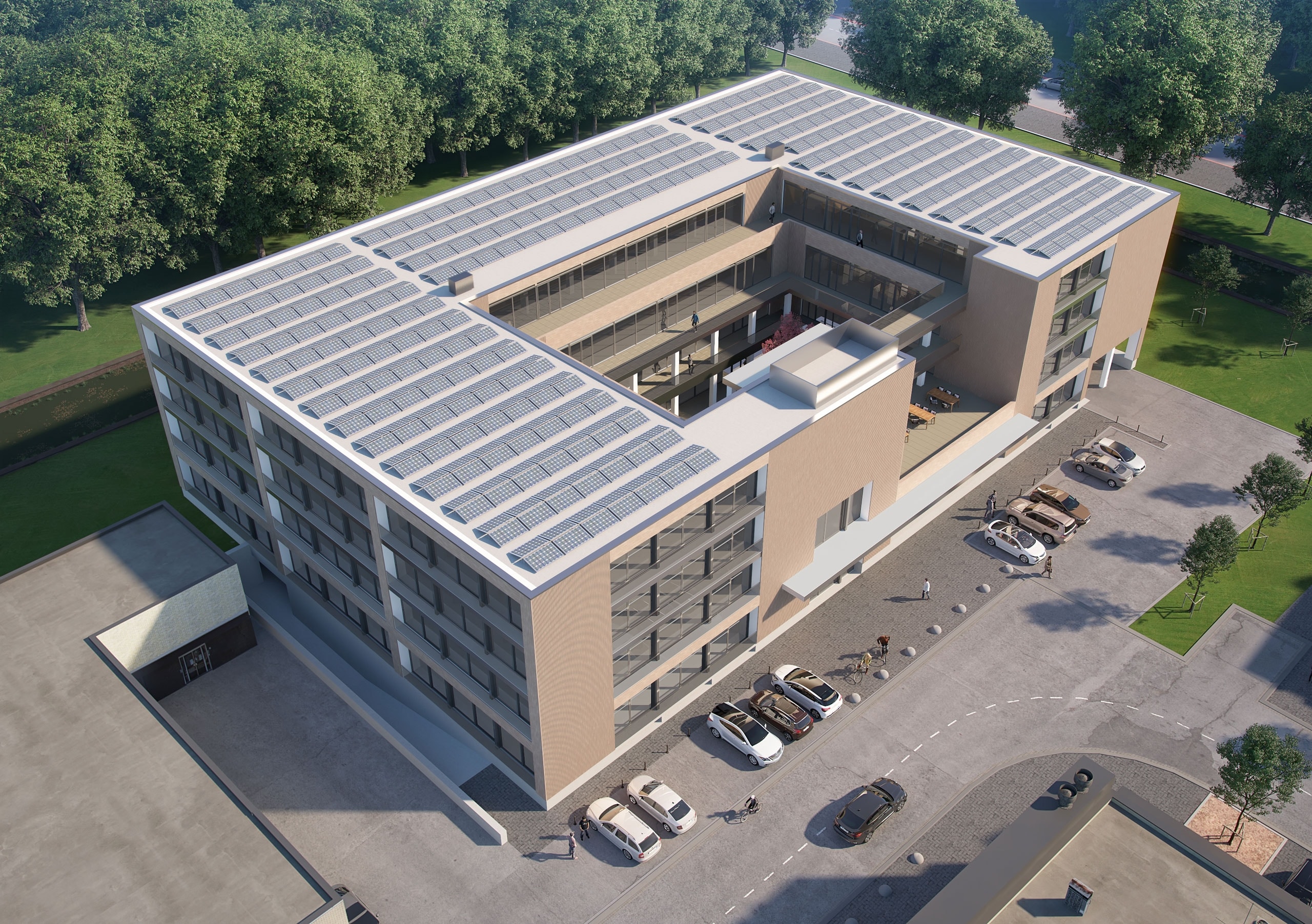 Aerial visualization of Circular Office Amsterdam showing the central courtyard and overall building organization
