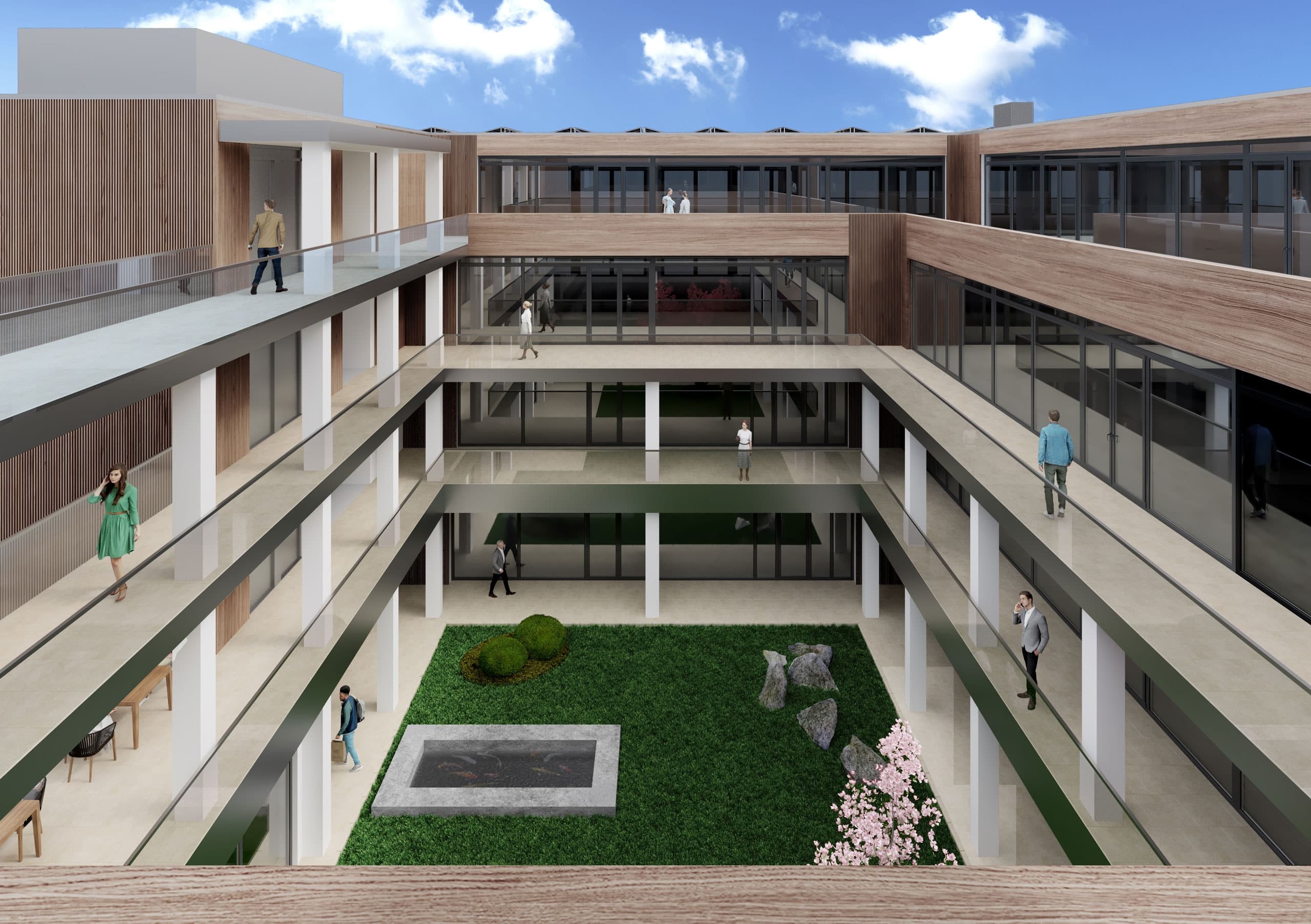 Atrium view of Circular Office Amsterdam showing connections between workspaces, circulation, and the courtyard