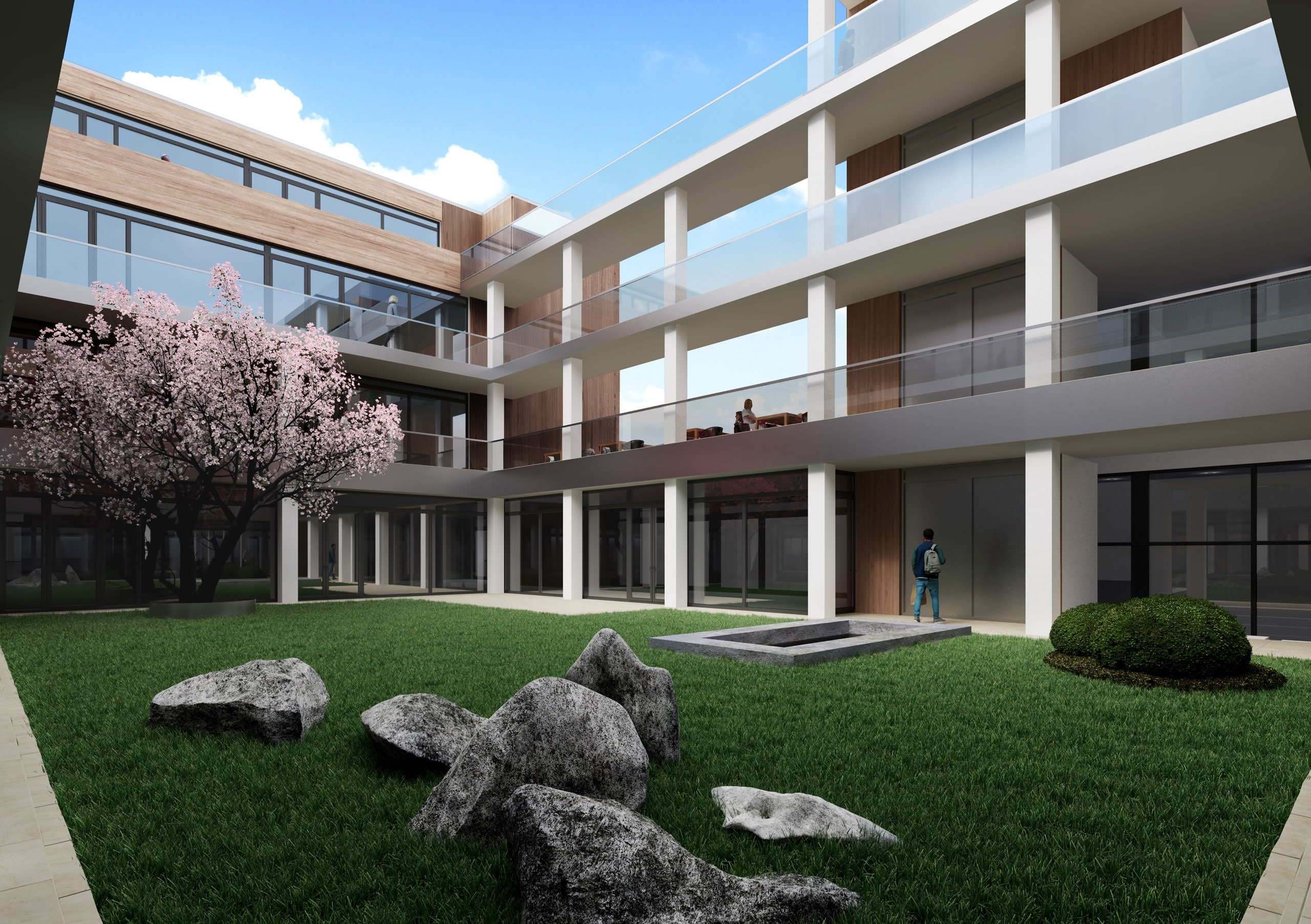 Landscape-focused courtyard study for Circular Office Amsterdam exploring workplace experience and outdoor space