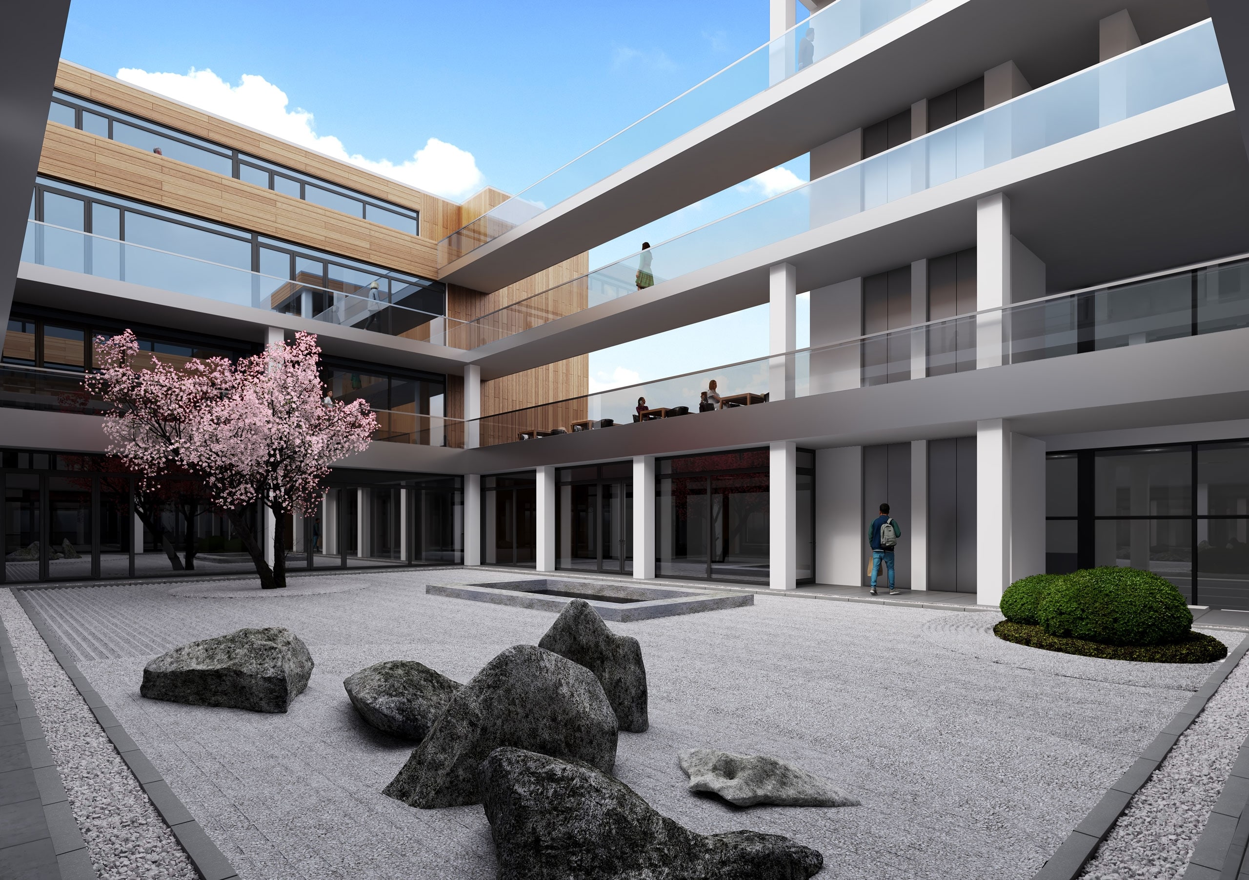 Alternative courtyard study for Circular Office Amsterdam comparing circulation and shared outdoor environments