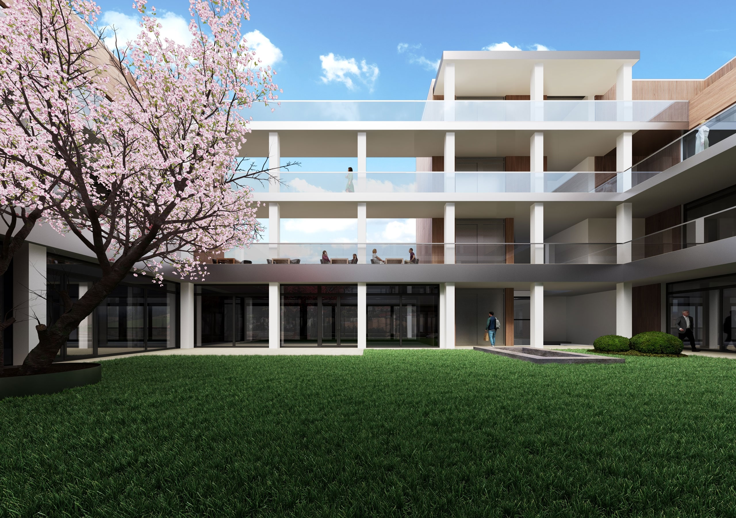 Central courtyard visualization for Circular Office Amsterdam illustrating the relationship between landscape and workplace