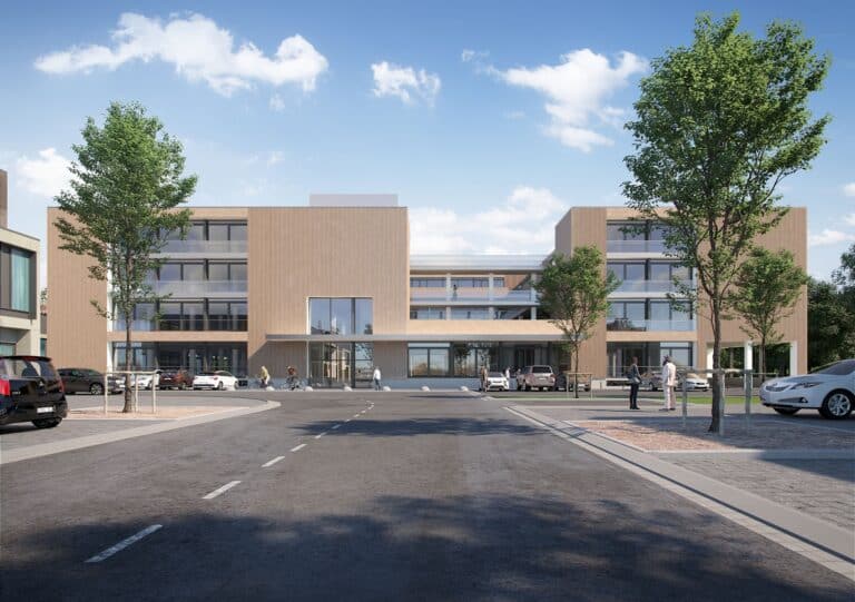 Street-level photomontage of Circular Office Amsterdam showing the workplace design within its urban context