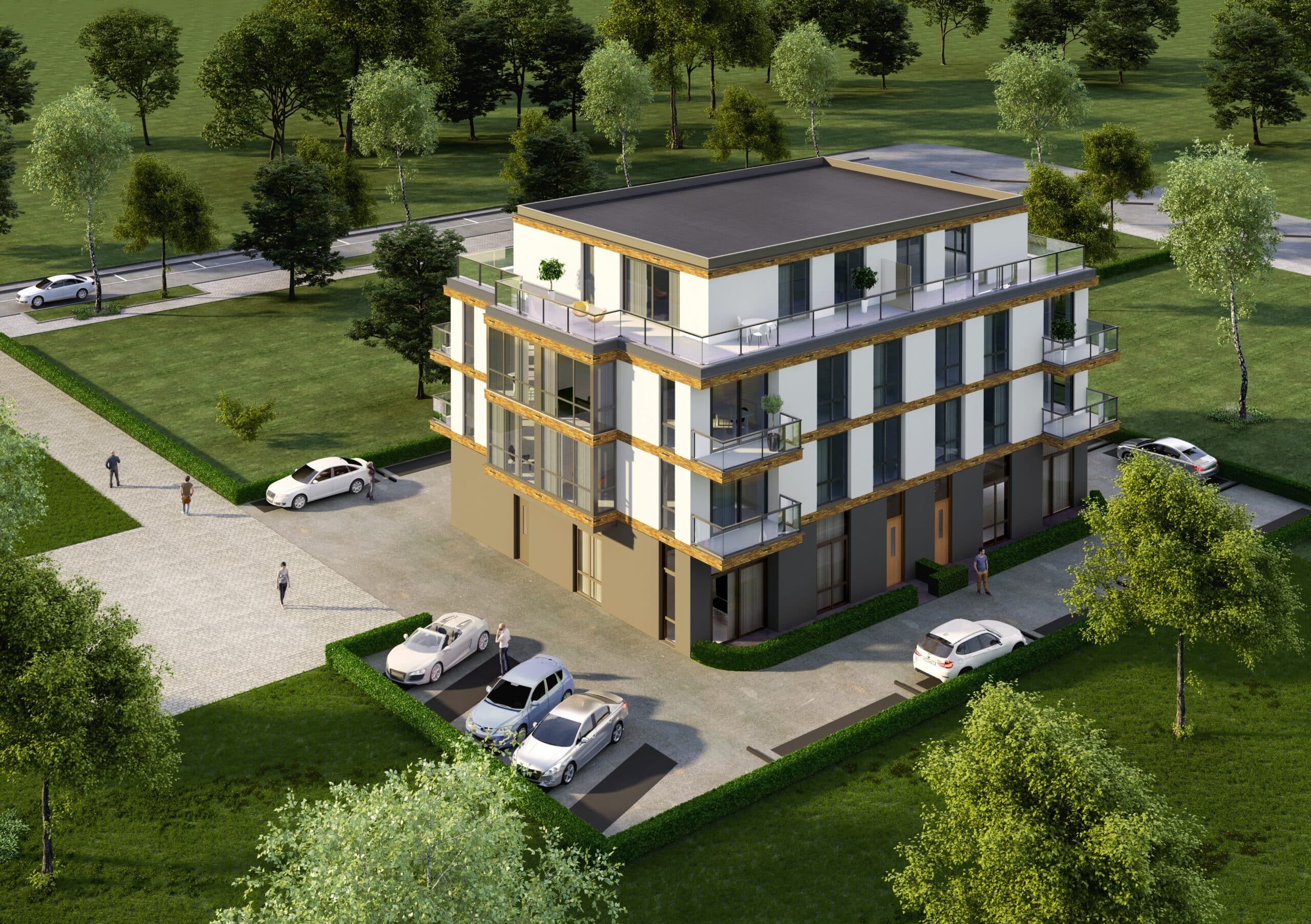 Aerial visualization of Kaap Duin residential development showing building layout, outdoor spaces, and site context