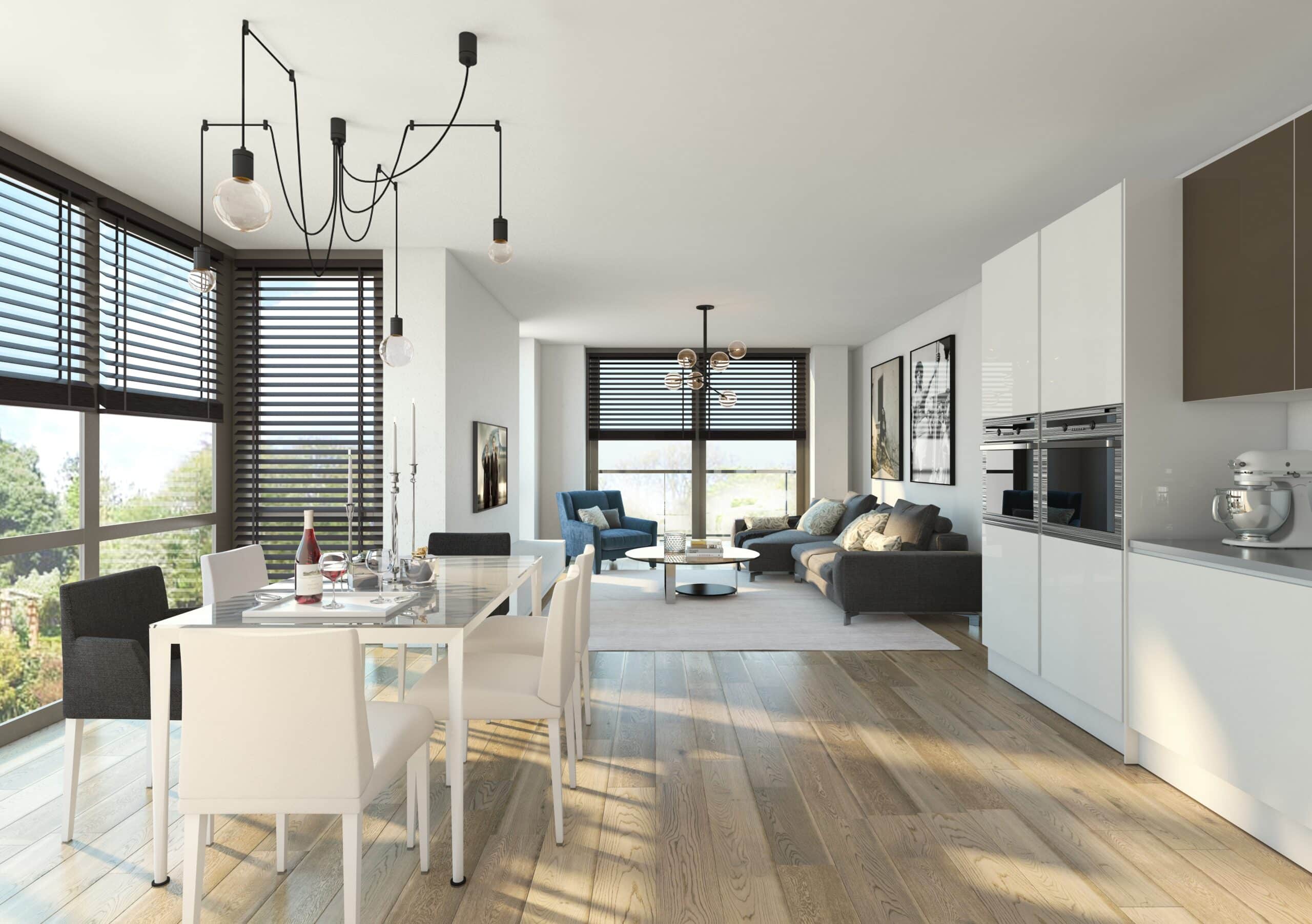 Open-plan apartment visualization for Kaap Duin showing living, dining, and kitchen spaces within the residential development