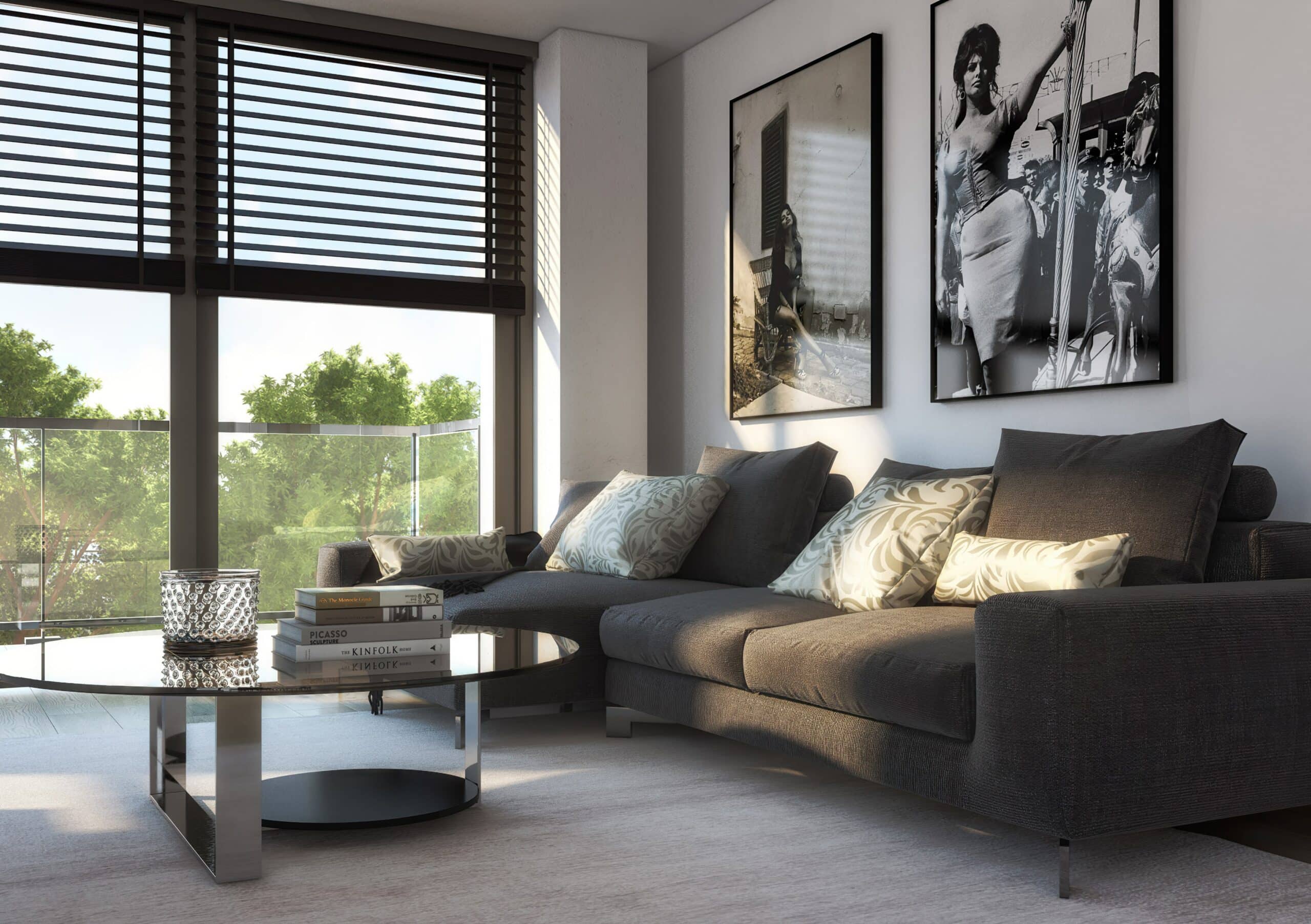 Apartment living room visualization for Kaap Duin illustrating daylight, outdoor views, and residential atmosphere