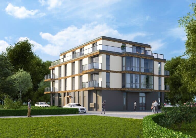 Visualisatie van woningbouwproject Kaap Duin in Almere Poort met appartementengebouw en groene buitenruimte